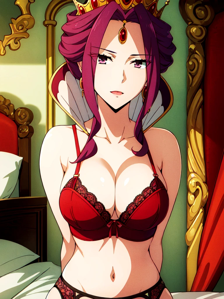 indoors,bedroom,
standing,
bare shoulders, barefoot, cleavage, collarbone,lace,red lingerie,navel,red panties, bare arms, breasts out
see-through,thighs,red underwear, garter straps,thighhighs,red bra,garter belt with red pantyhose,
purple_hair, purple_eyes, Bangs,jewelry, earrings,golden crown,
1 girl, 20yo,Young female,Beautiful Finger,Beautiful long legs,Beautiful body,
Beautiful Nose,Beautiful character design, perfect eyes, perfect face,expressive eyes,
looking at viewer, in the center of the image,(Upper_body),(Focus on her face),
official art,extremely detailed CG unity 8k wallpaper, perfect lighting,Colorful, Bright_Front_face_Lighting,shiny skin,
(masterpiece:1.0),(best_quality:1.0), ultra high res,4K,ultra-detailed,
photography, 8K, HDR, highres, absurdres:1.2, Kodak portra 400, film grain, blurry background, bokeh:1.2, lens flare, (vibrant_color:1.2)
(Beautiful,Breasts), (beautiful_face:1.5),(narrow_waist),