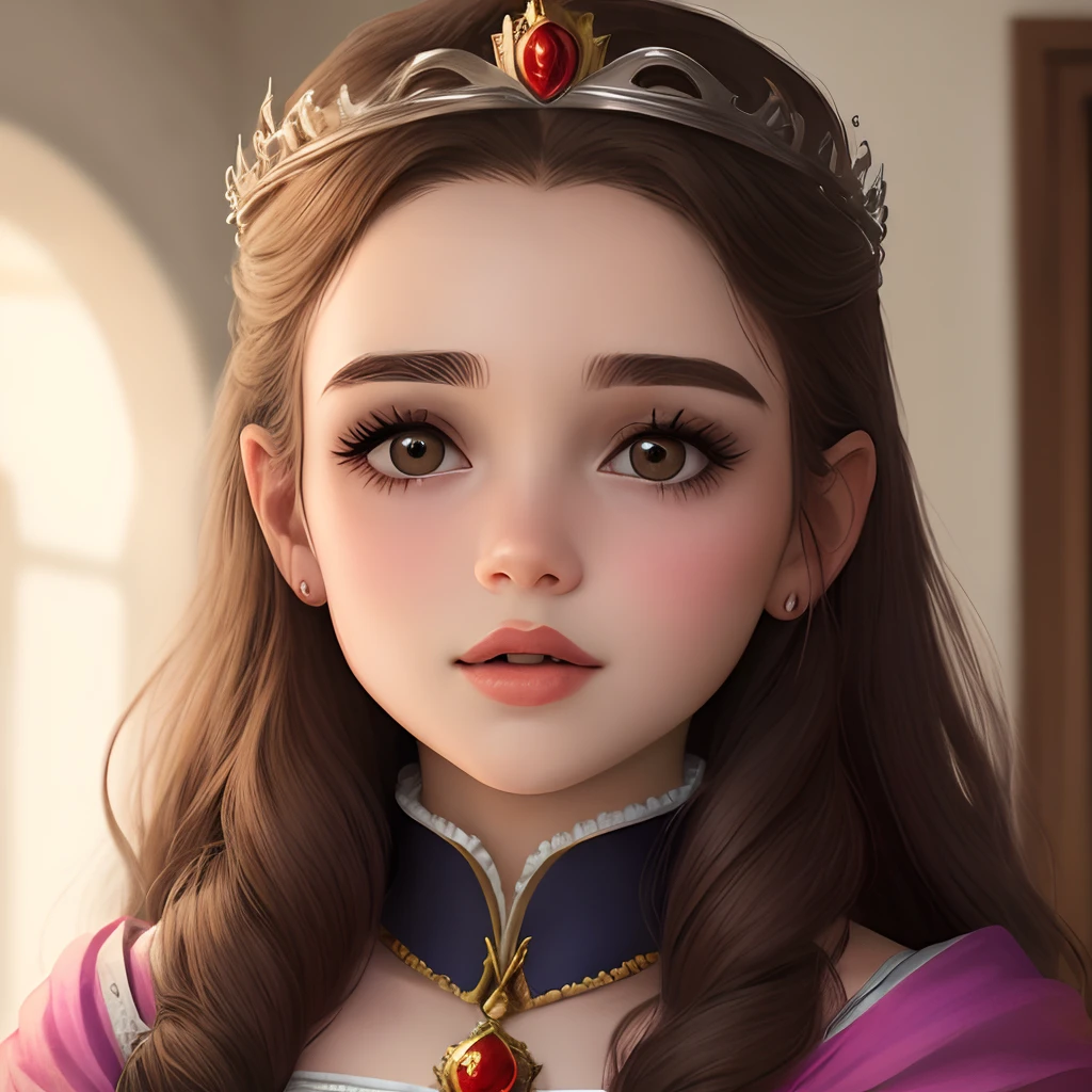 Um quarto escuro com uma princesa se olhando no espelho com o rosto borrado