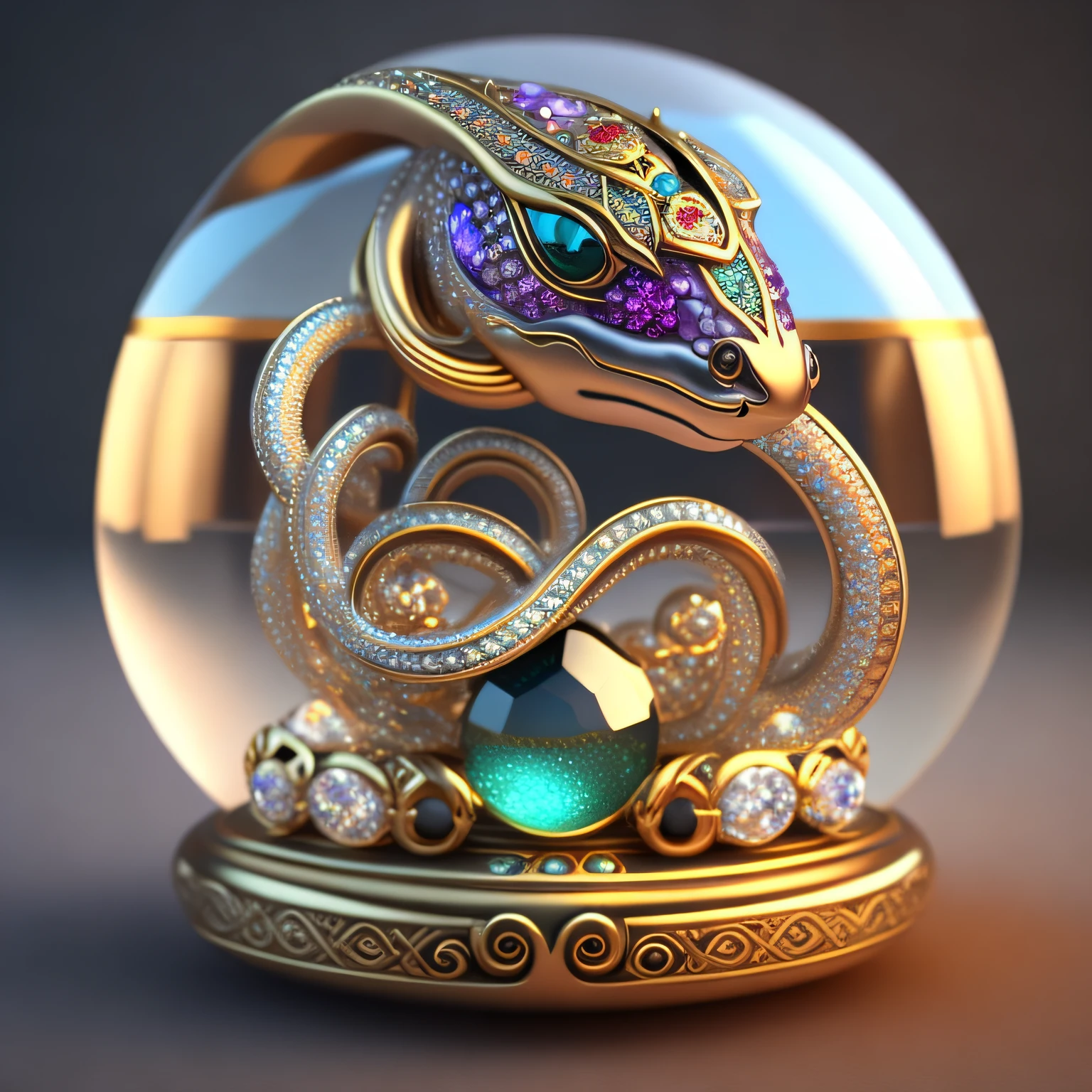 A cute crystal ball zodiac horse，The body is embellished with various jewelry ornaments，The eyes have a low-poly design，It is a highly detailed and complex conceptual art craft，Use Artstation 8k quality。