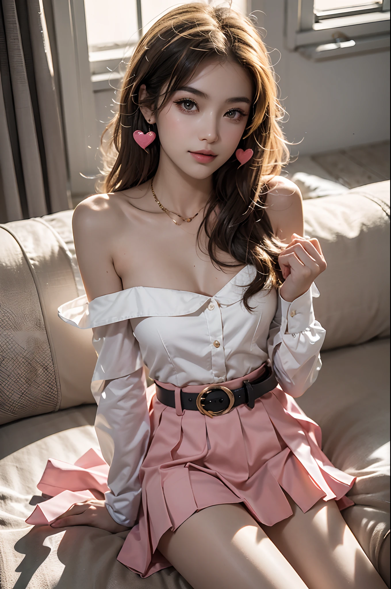 ((cowboy shot)), Shot from a random perspective, 22-year-old Japanese model, slim, Slimming the waist, curlies, White color blouse, cropped shoulders, Pink pleated skirt, high-waist, Nice belt, golden hair, warm lights, Warm tones Slender legs, Cross ed leg, inside in room, on a sofa, Sit Pose, posed for photo, posing elegantly, blonde hair, streaked hair, hair ornament, heart-shaped pupils, makeup, light smile, shy, licking lips, Romanticism, Social realism, chiaroscuro, motion blur, anaglyph, Sony FE GM, UHD, masterpiece, textured skin, super detail, best quality