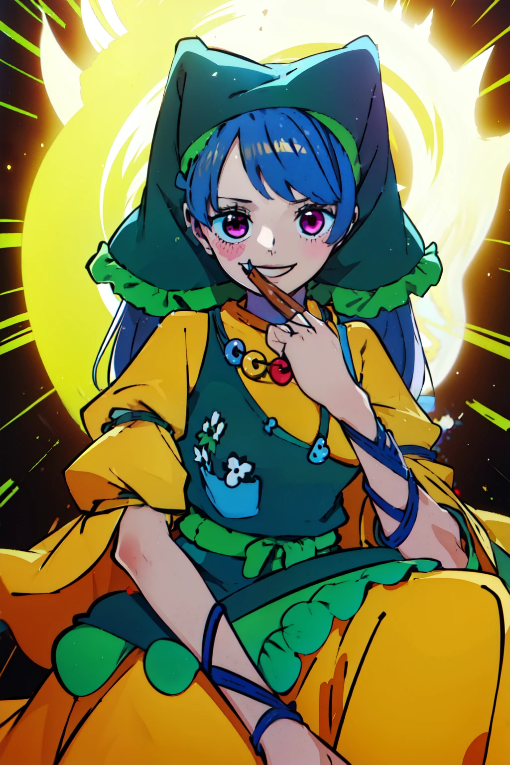 [WanoStyle:1.3] Keiki Haniyasushin from Touhou Project in One Piece style, purple eyes, light blue hair, long hair, red skirt, green headkerchief, full body, yellow dress, green apron with tools in it, magatama necklace, blue ropes around arms and legs, sandals, smile