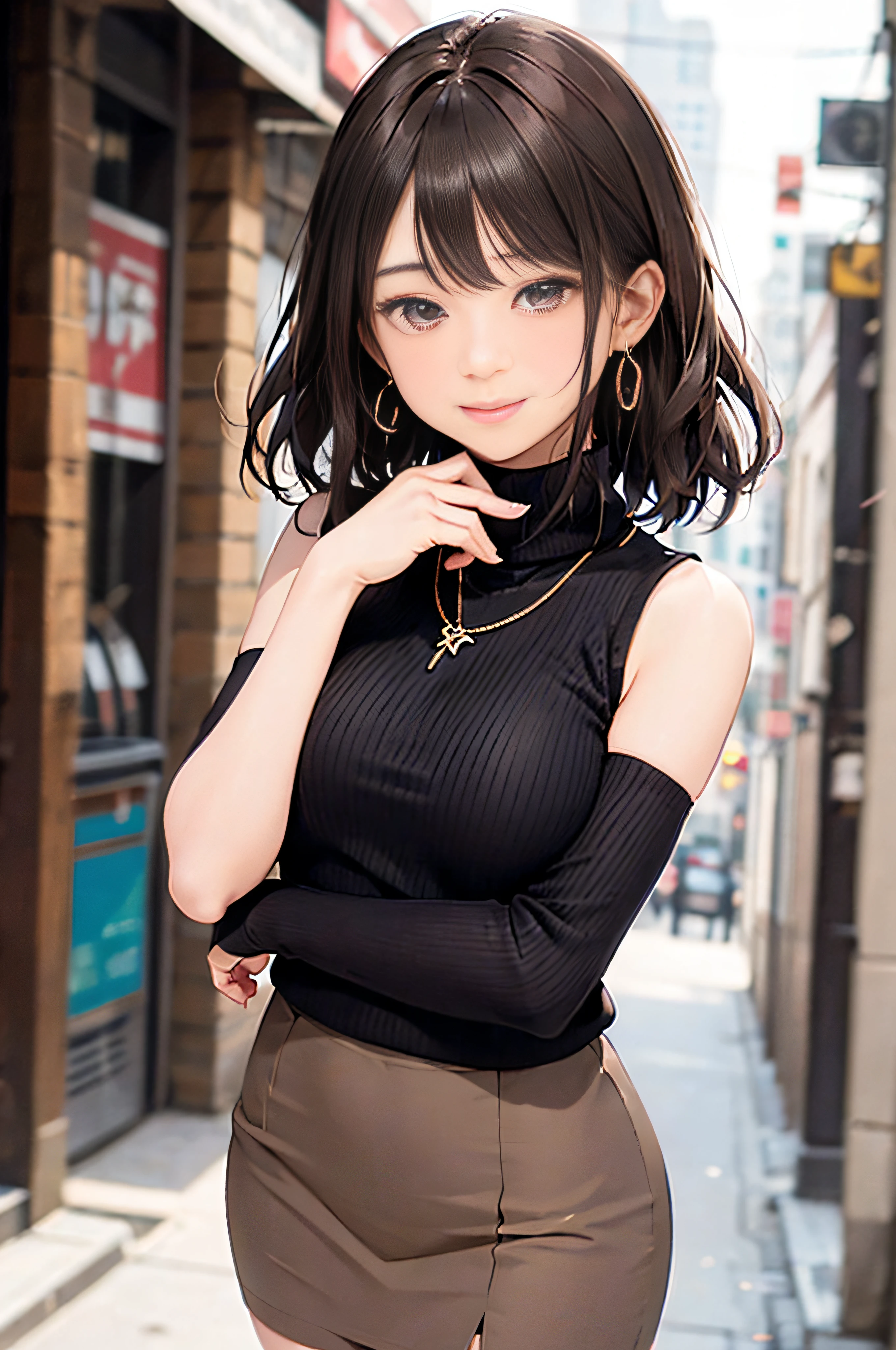 (Pale pink turtleneck sleeveless knit)、pencil skirts、20 year old girl, breasts of medium size,, Tron bulge in the chest、Pinch your chest with your arms、brown haired、Long Wave Hair,in the city street, a necklace、Earring、knee high stockings、high-heels ((Very detailed)), Shy smile、Kamimei、(Perfectly detailed face), (Well detailed hands) Photorealistic images、full body seen、emphasis on the buttocks
