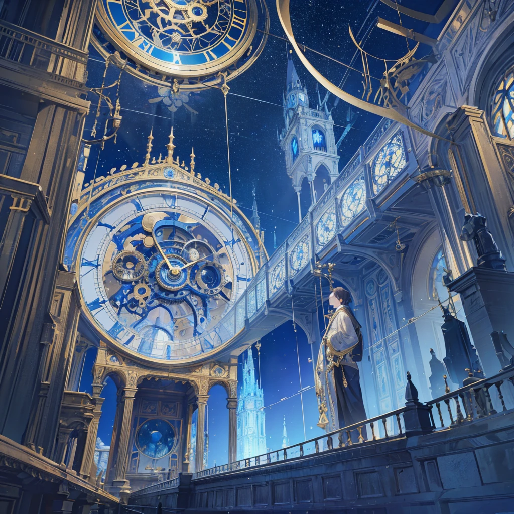 absurdres, best quality, fine detailed, 8k, no humans, Many huge clocks and mechanical gears floating in the blue sky, a huge clock decorated with crystal texture, many tower, multiple spires, gears of various sizes, clock-themed ornament, silver chain, steampunk, ray tracing, refraction, cinematic lighting, fisheye lens, tyndall effect