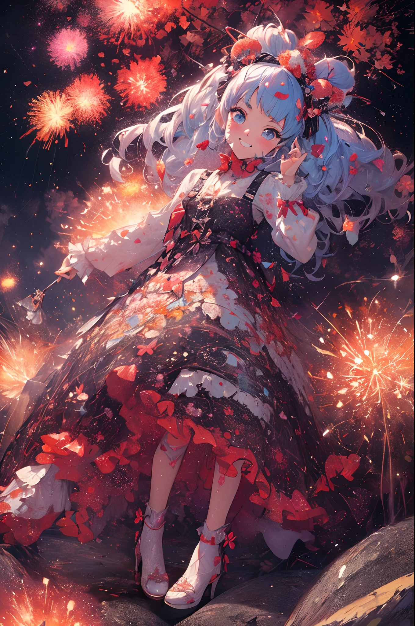 ((Fireworks display seen from space)),Fireworks are the main composition,Fireworks display beyond imagination,innocent smiles、eye glass、Never seen、Seven colors,(1girl in, Solo:1.6),(Cute smile),(Clothes are simple), (Best Impact:1.5), (maximalism:1.7), Vivid contrast, (Realistic), hyperrealistic illustrations, hight resolution, ultra-detailliert, absurderes,(Fractal Art:1.3)、Random hairstyle、Random hair color colorful、FULL BODYSHOT、Retro、Precise focus、randome pose、cinema4d、Drama