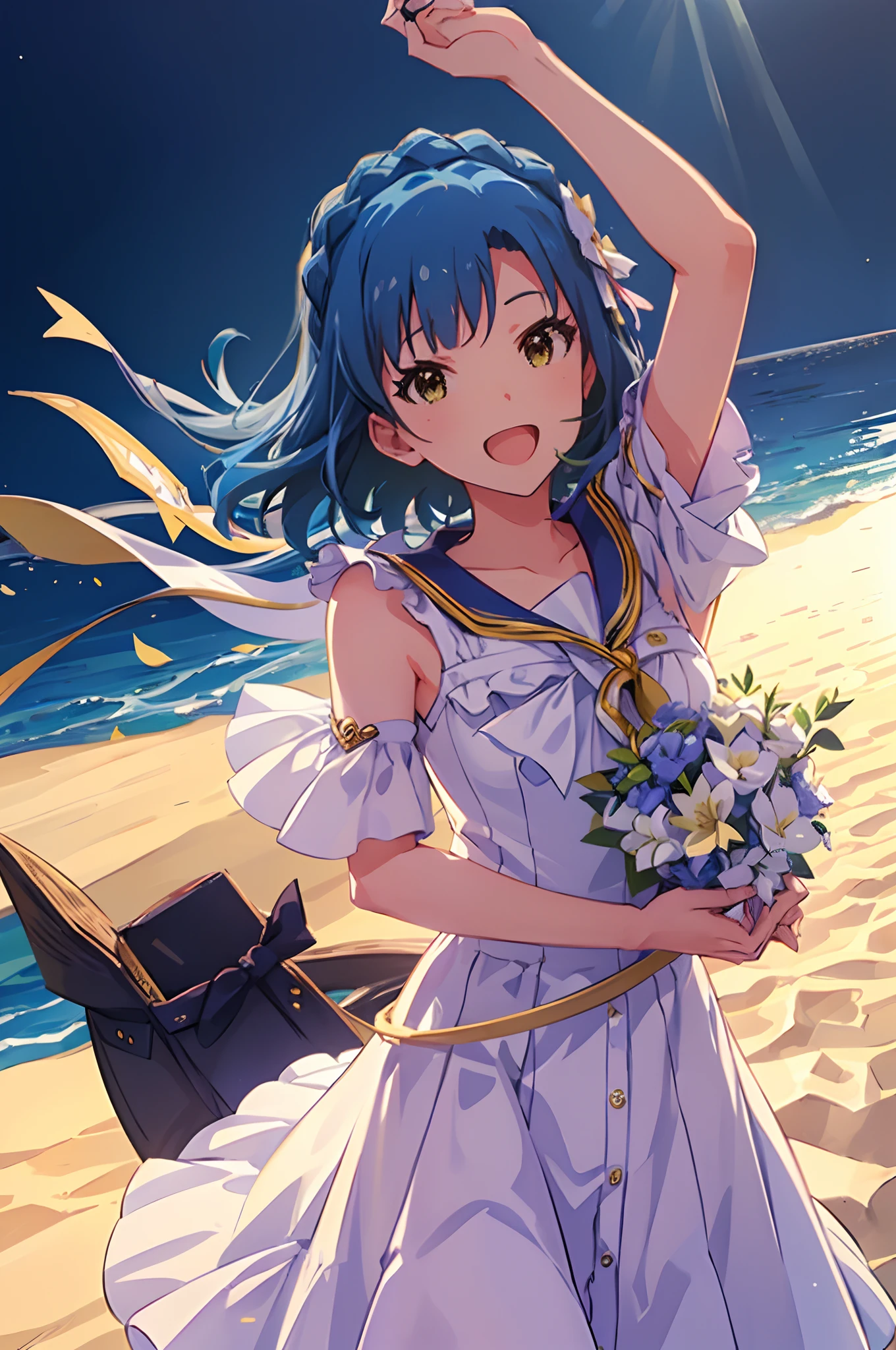 yuriko nanao (million live), 1 girl, Solo, Cute Girl, Best Quality, Ultra-detailed, 8K, High resolution, Detailed face, Cinematic Angle, Bob Hair, Smile, :D, Opened mouth, idol costume, (((Sailor Color Dress))), White Dress, Short sleeves, Small hat, (((shining sky, Summer, Beach, Resort,)))