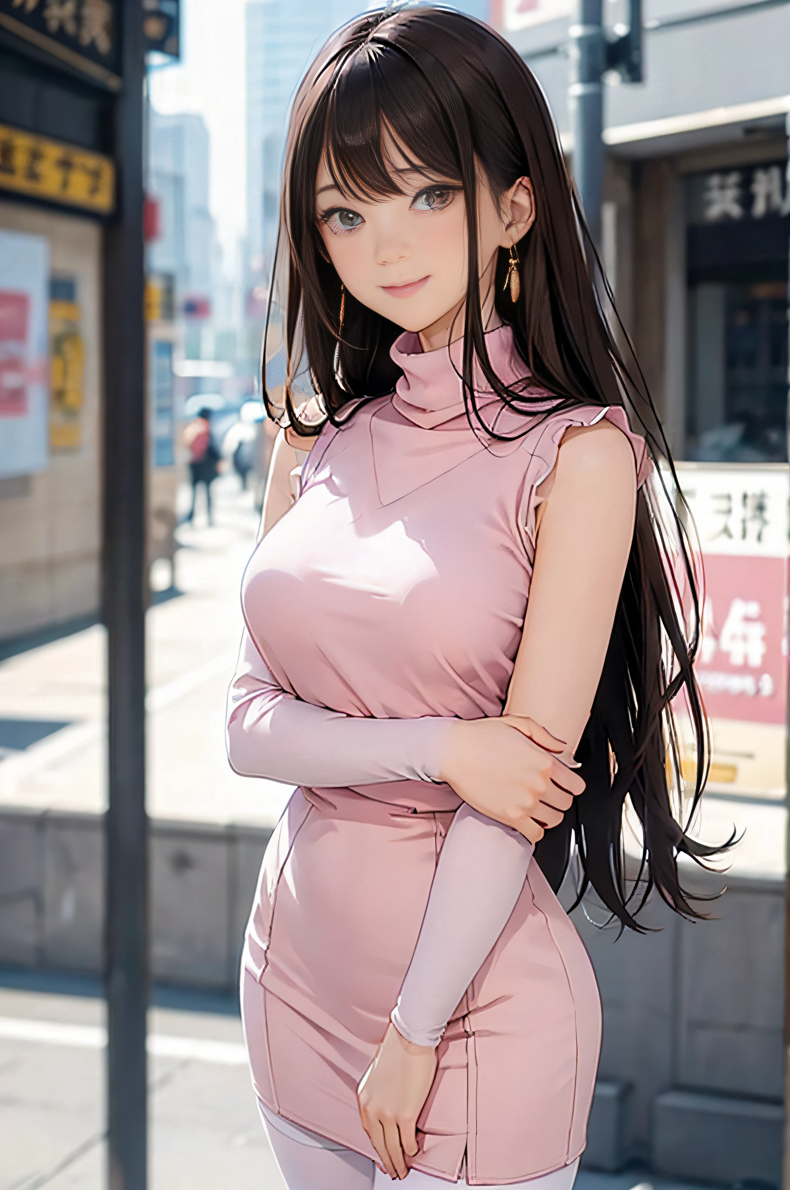 (Pale pink turtleneck sleeveless knit)、pencil skirts、20 year old girl, breasts of medium size,, Tron bulge in the chest、Pinch your chest with your arms、brown haired、Long Wave Hair,in the city street, a necklace、Earring、knee high stockings、high-heels ((Very detailed)), Shy smile、Kamimei、(Perfectly detailed face), (Well detailed hands) Photorealistic images、full body seen、emphasis on the buttocks