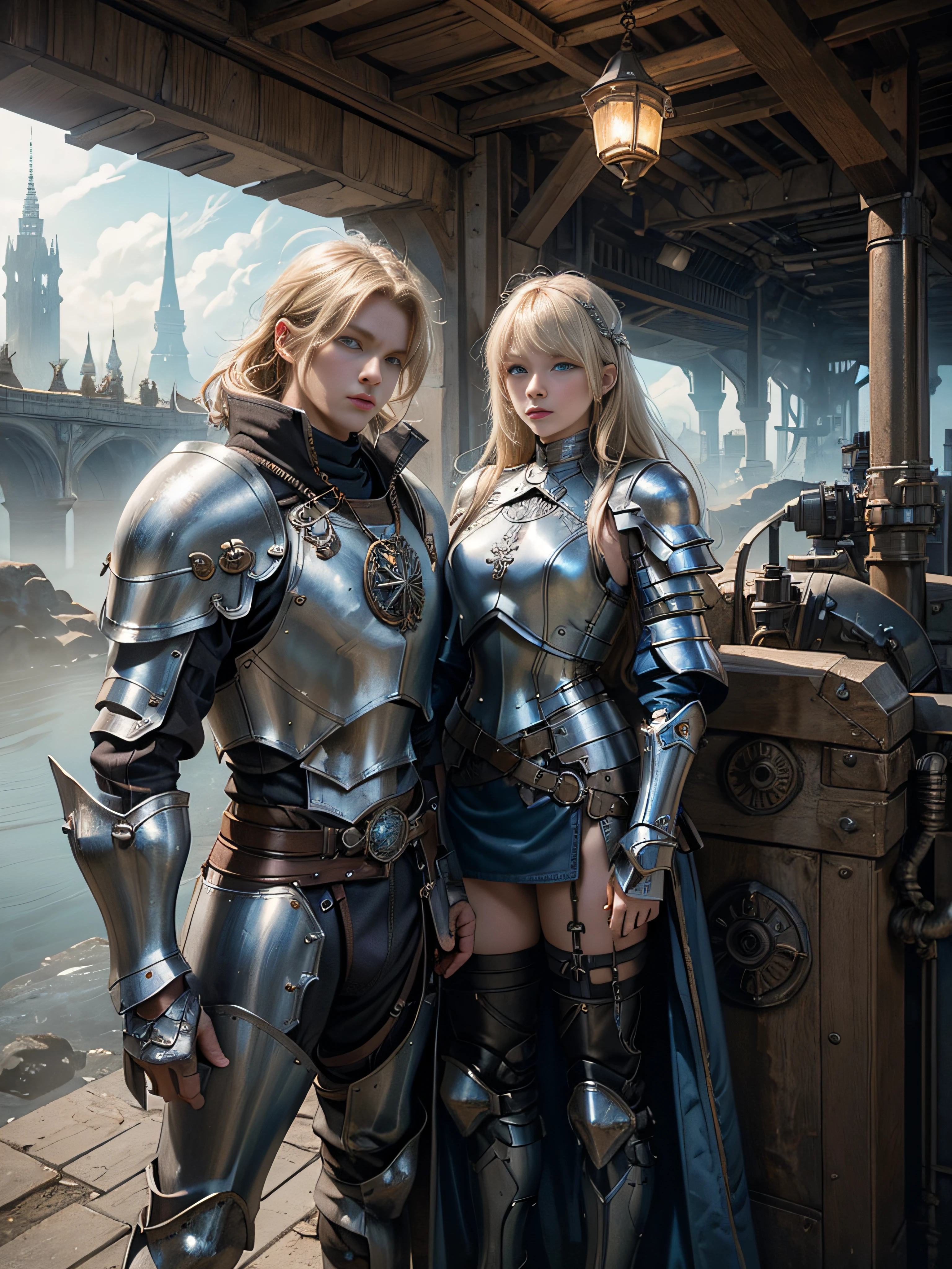 Full-body shot fantasy image of a 15th-century girl in dieselpunk knight armor, with blonde long hair, blue eyes, and white ultra-detailed leather texture. Gears, pipes, cables, and very intricate small details in faded brownish colors. Photorealistic, cinematic, with fog, smoke, and haze Expansive landscapes