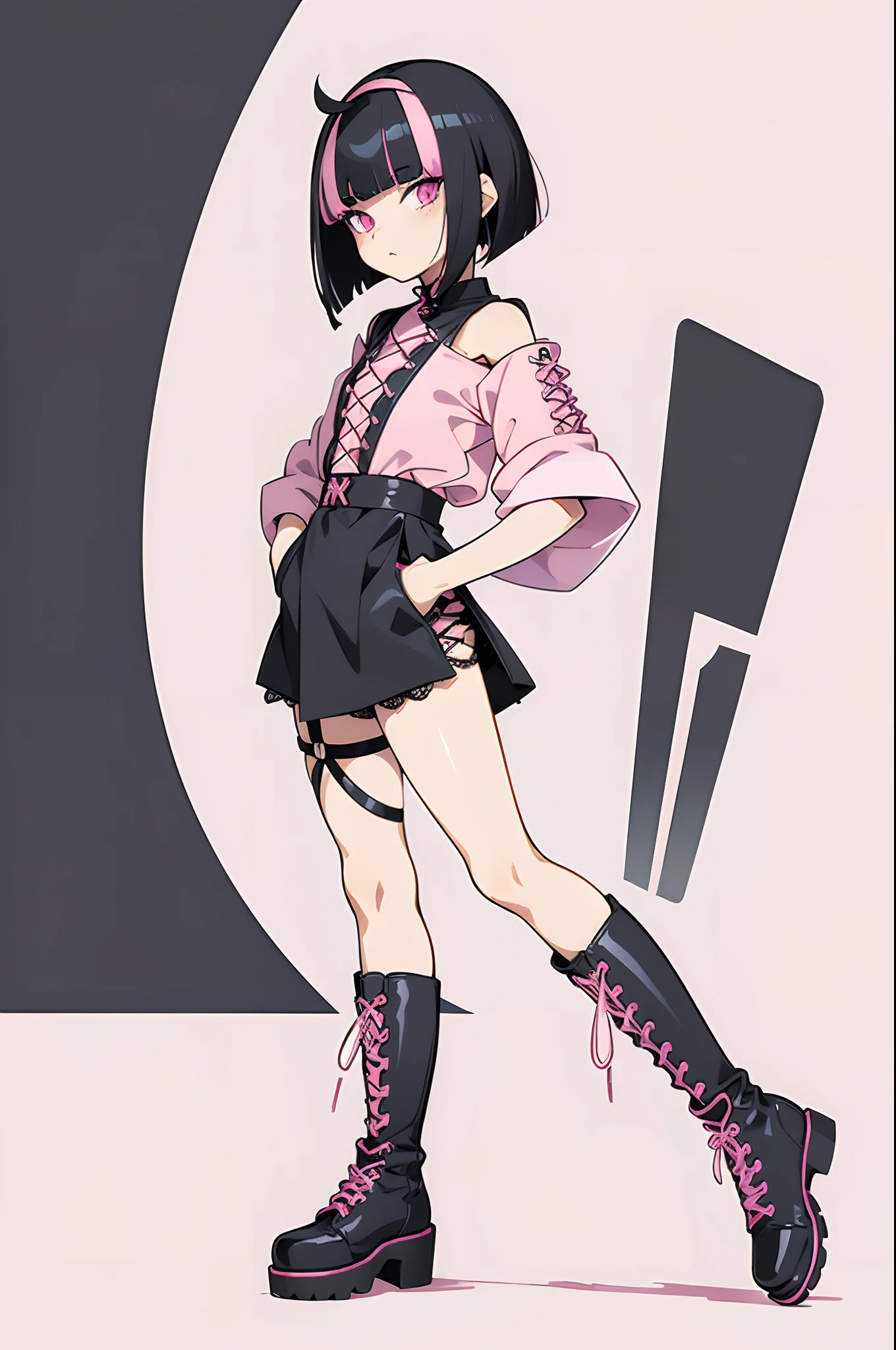 flat design, material design, deformed pop art, Adobe Illustrator, anime character, asymmetric art, one girl, full shot, jiraikei fashion, black hair, bobbed hair, (asymmetric bangs:1.5), (pink lace-up boots:1.3).