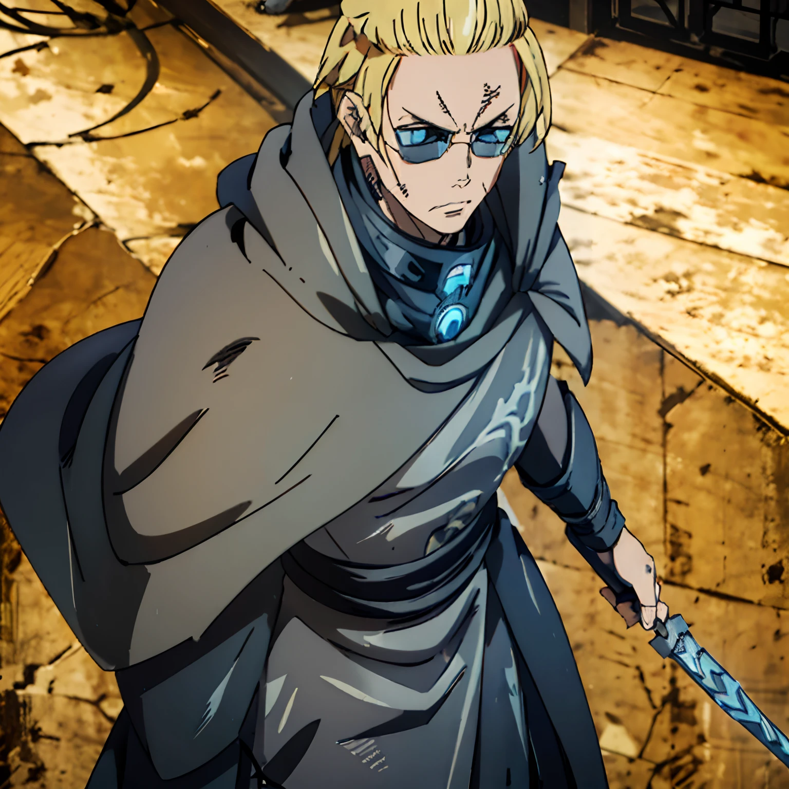 Tall blonde haired man, bright blue eyes, steel neck piece, black cloak, wrapped in a black poncho, powerful looking, neutral looking face, milf stubble, black sunglasses, powerful, scar over left eye, detailed, extremely detailed, masterpiece, stylish, steel plated wrist guards