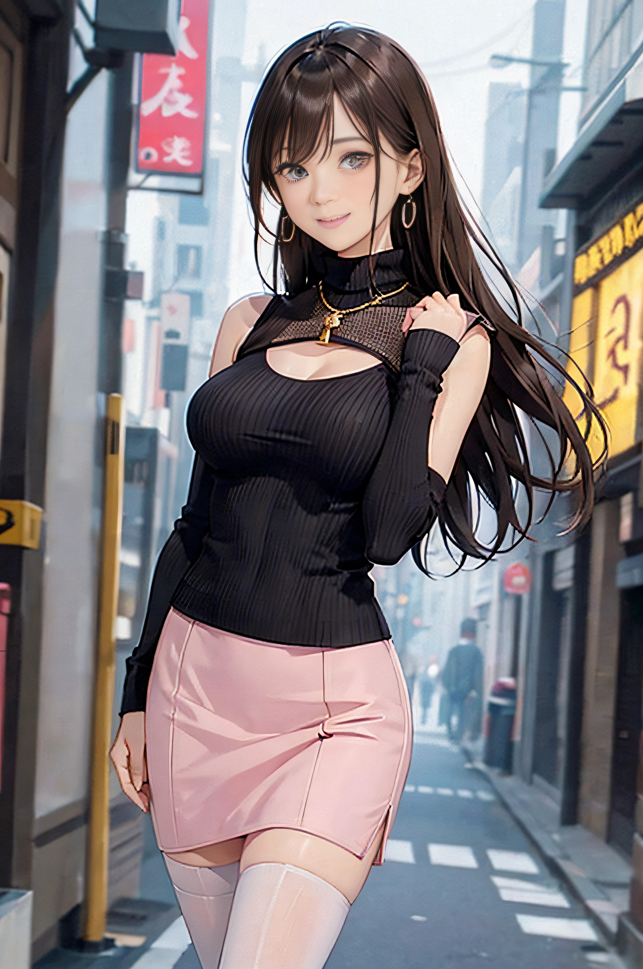 (Highest quality、8k、masterpiece:1.3)、Beautiful woman with perfect figure:1.4、((Dark brown super long hair))、((Her hair is super long, reaching down to her waist))、26 years old、Russians and Japan mixes、Beautiful Face、Slender figure、Beautiful female curves、Wearing a pendant、((White tank top))、((Black leather mini skirt))、Highly detailed face and skin、fine grain、double eyelid、(Big Breasts )、 Big Ass、Bewitching atmosphere、((smile))、((Walking in the city))、((City building street))、((Shinjuku、Kabukicho))、