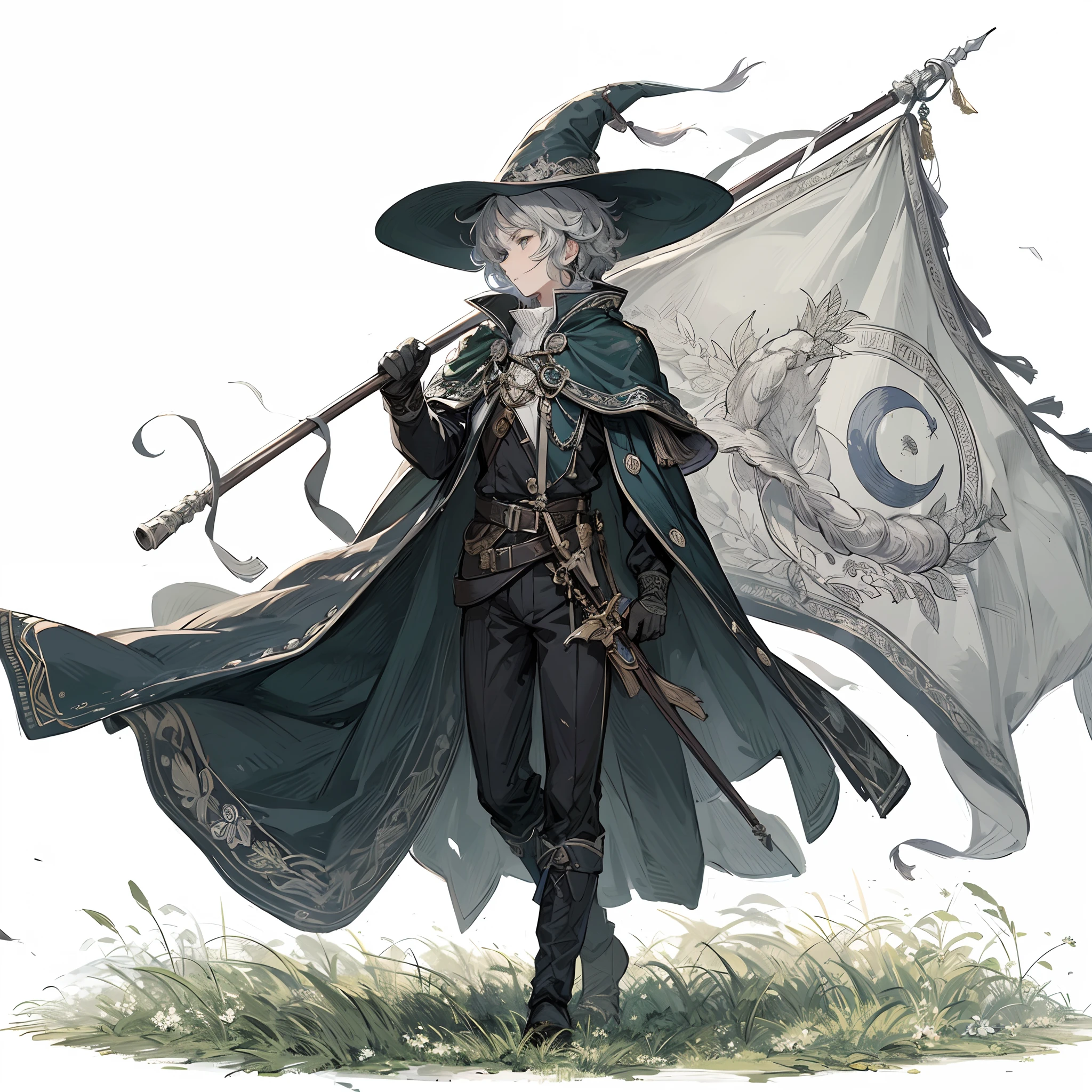 (masterpiece, Best Quality), (Perfect athlete body:1.2), (detailed hairs), Ultra-detailed, Anime style, Full body, solo, young man, fantasy bard, dark green broad-brimmed hat and cloak, it carries a huge military flag embroidered with a silver moon, gray curly hair fluttering, standing in grass, digital painting, 8k high resolution, trending art station, white background, whole body,