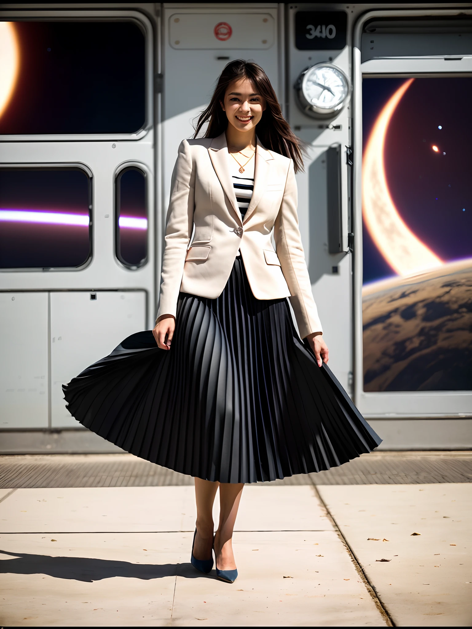(shy:1,6) (smiling;1,1) woman playing with skirt, dancing, wearing short blazer and very very detailed (long (fully pleated) full circle skirt) and (simple) low heeled office shoes, very very intricate hyper-detailed symmetric (attractive graceful young feminine face) with (sad, tired eyes and a shy smile), large breasts, full of empathy and compassion and love, (pronounced (feminine) features), (highly detailed ultra accurate realistic) hands and fingers, (windy conditions and wind blowing), epic composition, highly detailed attributes, highly detailed space station background, (35mm f1.4 Kodak portra 400 photograph), extremely high quality RAW photograph,