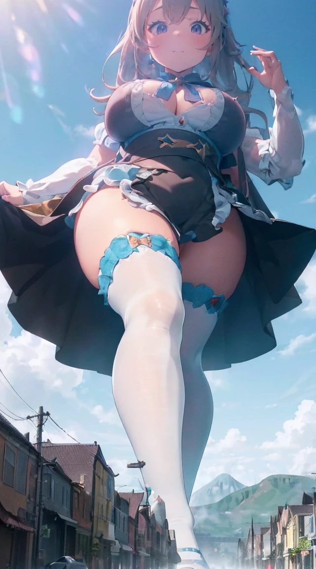 Kneeling,Fantastic,long legged,(((Idol Costumes))),(((A Princess))),(((((Full body depiction))))),((((Randomly sexy poses)))),((((Beautiful soles))))、((((Five fingers on a beautiful sole)))),Big Chest Ribbon,((Teary-eyed)),((((((Colossal tits)))))),((embarrassed from)),Blushing,(((((,The summit of Cinderella's castle across the valley、Big girl sitting))))),((((lowfers)))),the Extremely Detailed CG Unity 8K Wallpapers,top-quality,ultra-detailliert,masterpiece,realisitic,Photo Real,Bright lighting,extremely detailed cute girl,20yr old,Innocent big eyes,A detailed eye,(brown haired),(shorth hair),(bangss),flawless skin,shinny skin,fair white skin,Fine skin,((((large full breasts)))),((((((plump thighs)))))),((perfect anatomia,nice hand,perfect hand,Five fingers connected to the palm of the hand,accurate hands without incongruity)),Show off panties、pantyshot、(((Super Huge Girl Cute Princess Dress Costume、white colors)))、(((knee high socks))),front facing,(fumo),(fires),(((Rubble Town)))、Ground cracking,