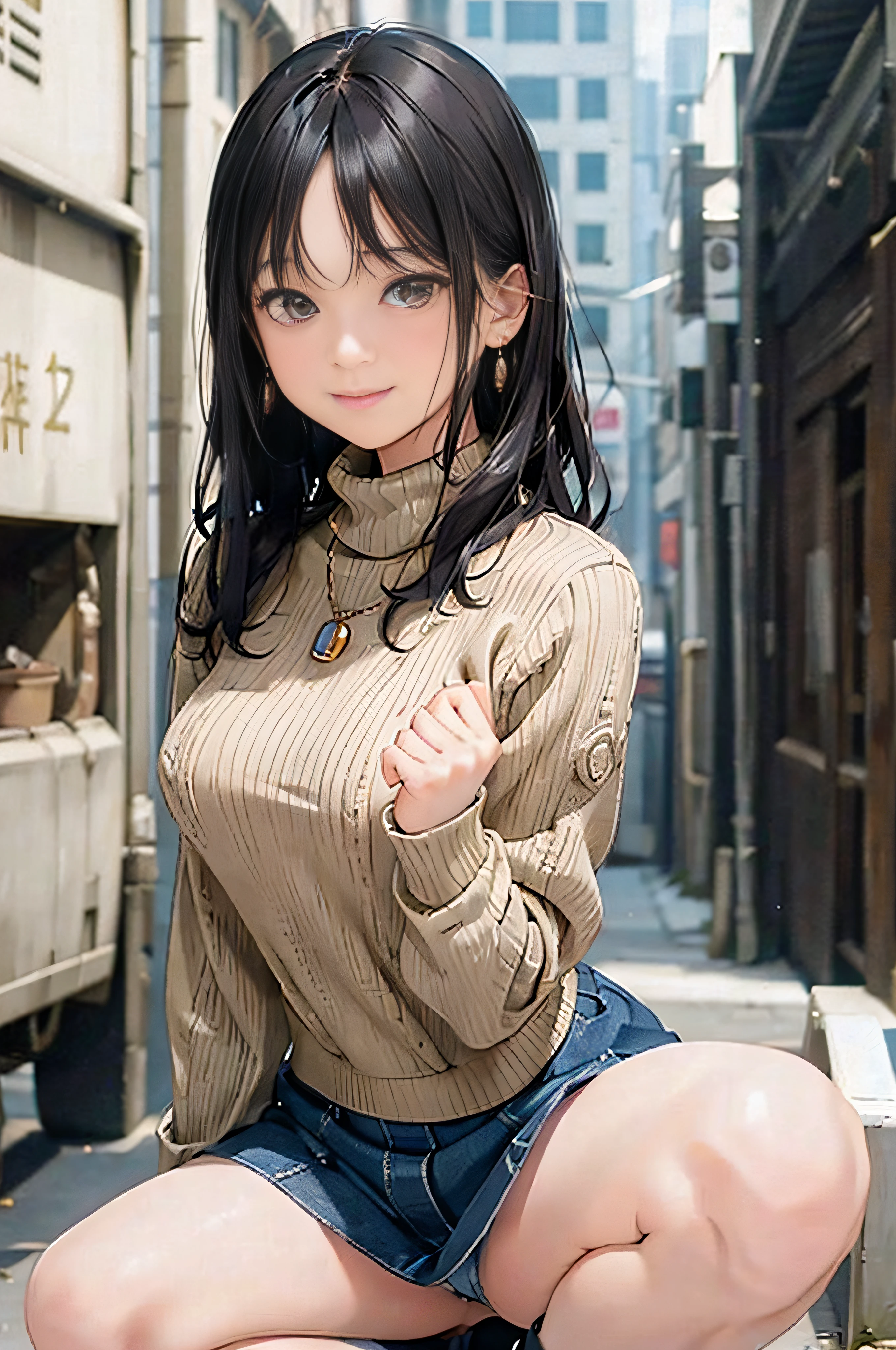 (Beige Turtleneck Knit)、Denim Mini Skirt、20 year old girl, breasts of medium size,, Puffy nipple、Forward bends with emphasis on the chest、Black hair、Long Wave Hair,in the city street, Squat with your knees upright、a necklace、Earring、knee high stockings、high-heels ((Very detailed)), Shy smile、Kamimei、(Perfectly detailed face), (Well detailed hands) Photorealistic images、full body seen、emphasis on the buttocks