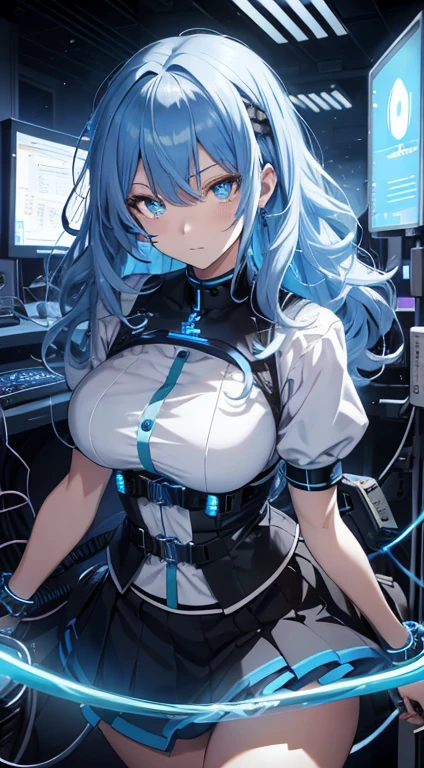 ((Best Quality)), ((masterpiece)), (detailed)((Perfect face)), ((perfect hands)), Girl, long navy blue hair, blue eyes,completely blue skin, pointy ears, serious expression, vampire fangs, blusa de tirantes negra simple ajustada con neckline, fitted shorts, thick work gloves, robots around,machine shop, blue holograms, blue technology, night landscape, neckline, big breasts, long hair high ponytail hairstyle, blue skin, completely blue body, programming on the computer