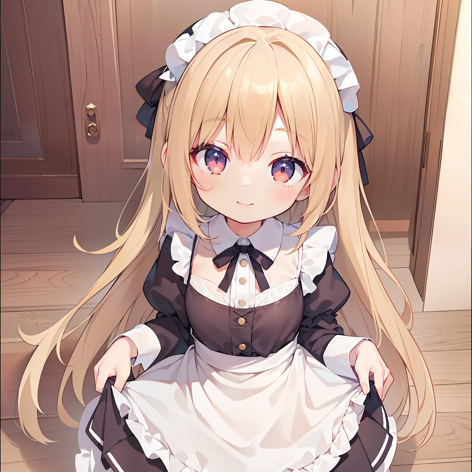 G-Cup　　masterpiece　highest quality　High resolution　Blonde　Maid　Skirt lifted　Show your pants　cute　Momoi Saiba　smile　A slightly open mouth　Light in your eyes　Eye highlights