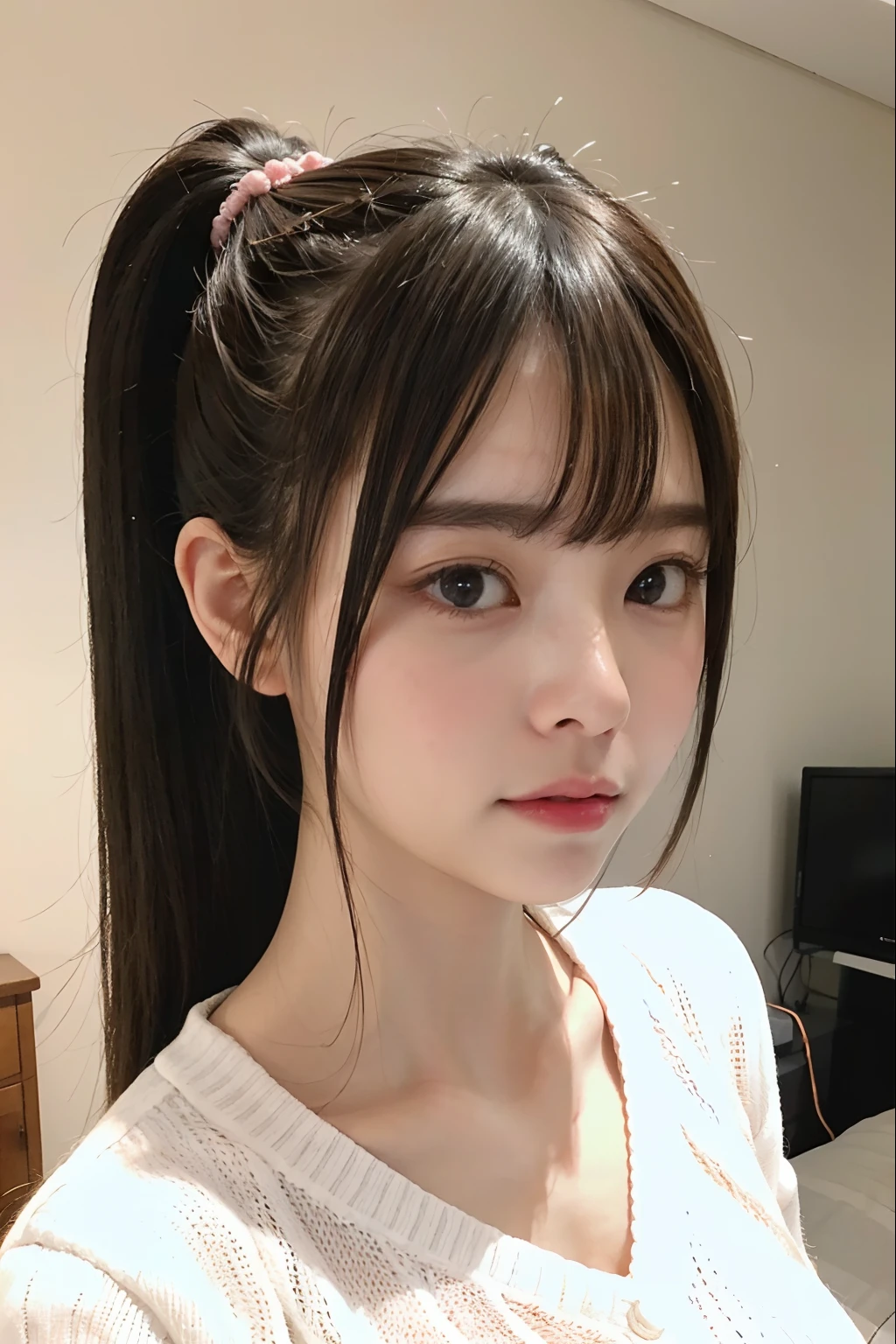 randome pose、top-quality、超A high resolution、(Photorealsitic:1.5)、1人、Sweaters、(poneyTail:1.2)、(huge-breasted:1.2)、a room、looking at viewert、a closeup、full body Esbian、Nasty eyes、embarassed face