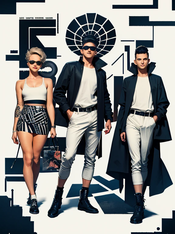 1980s \(style\) fashion movie poster, skinny latin boy, (two hairy gay men with grins:0.9), huge black text, The blue should have hints of silver or gray , abstract theme, strong, bold inking techniques, professional design, This bold inking style adds to the overall dramatic and visually striking aesthetic.