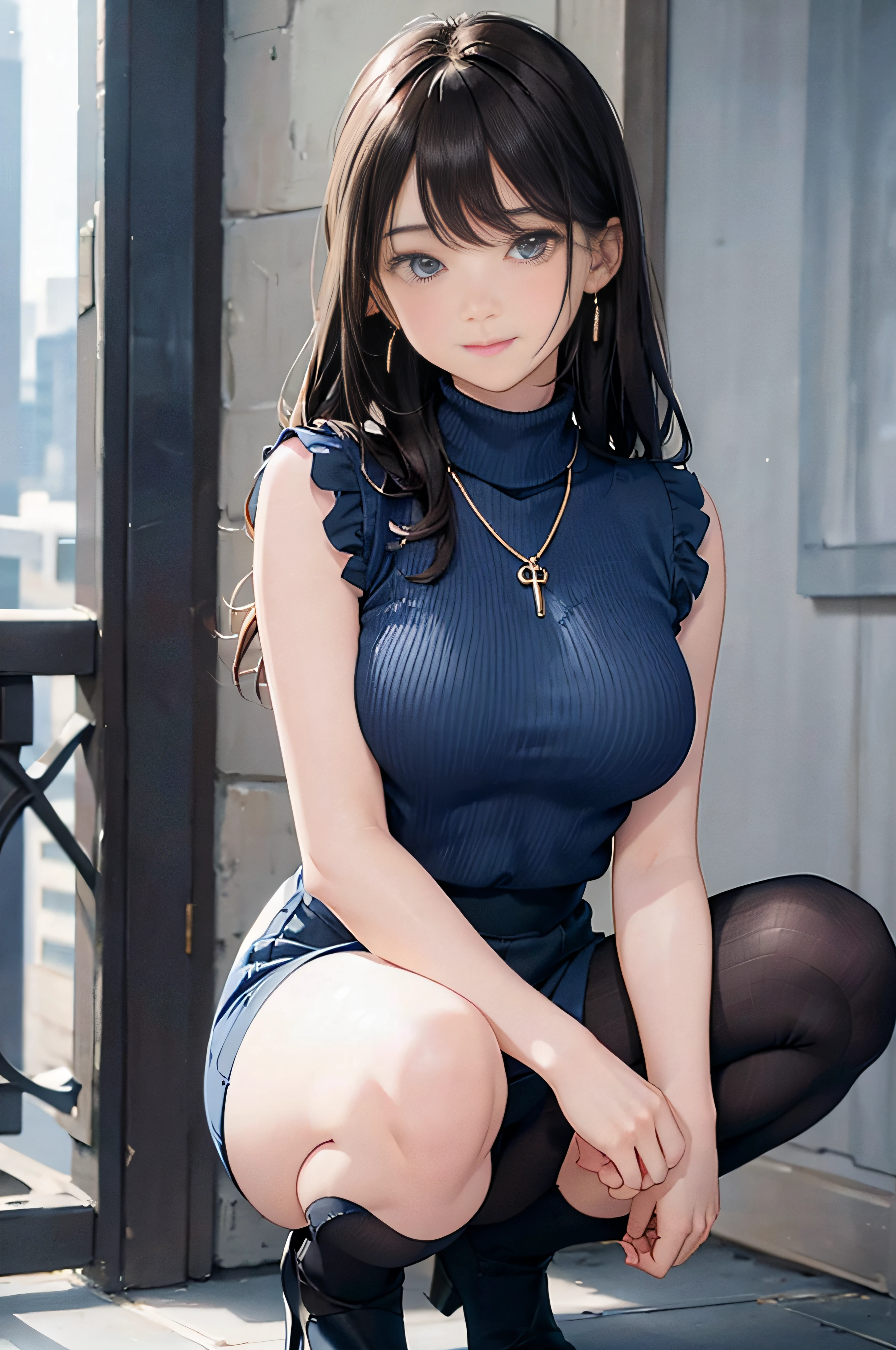 (Pale blue turtleneck sleeveless knit)、pencil skirts、20 year old girl, ??????? of medium size,, Tron bulge in the ?????、Pinch your ????? with your arms、brown haired、Long Wave Hair,in the city street, a necklace、Earring、knee high stockings、high-heels ((Very detailed)), Shy smile、Squat with your knees upright、Kamimei、(Perfectly detailed face), (Well detailed hands) Photorealistic images、full body seen、emphasis on the ????????