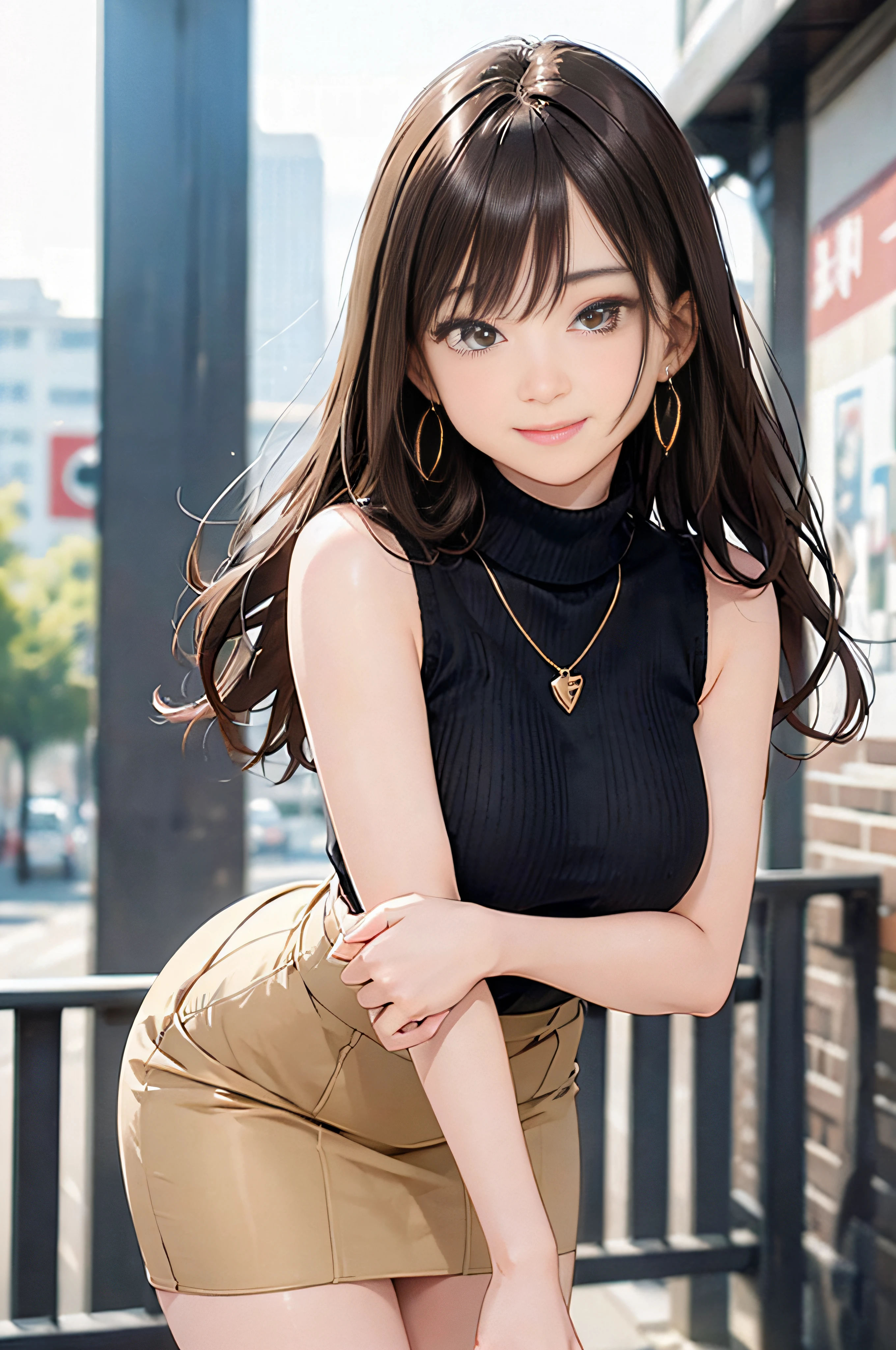 (Beige Turtleneck Sleeveless Knit)、pencil skirts、20 year old girl, breasts of medium size,, Tron bulge in the chest、Pinch your chest with your arms、brown haired、Long Wave Hair,in the city street, a necklace、Earring、knee high stockings、high-heels ((Very detailed)), Shy smile、Kamimei、(Perfectly detailed face), (Well detailed hands) Photorealistic images、full body seen、emphasis on the buttocks