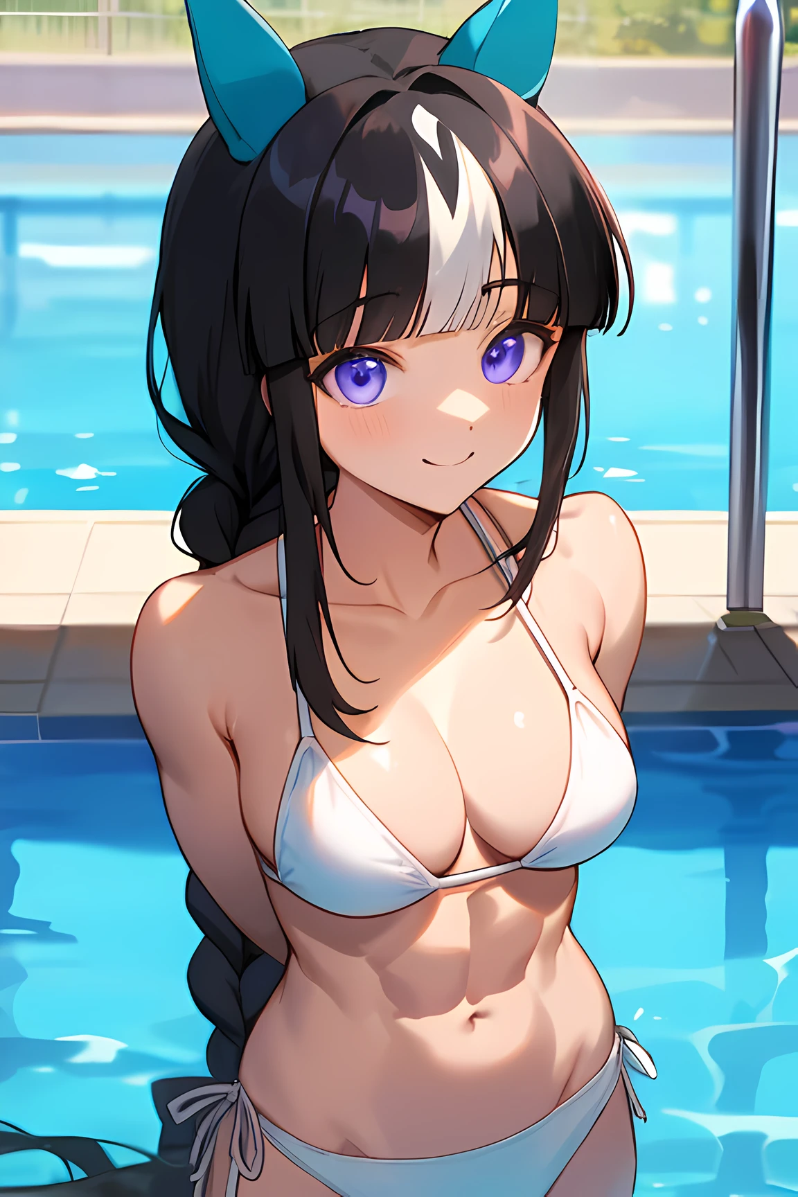 hokko tarumae \(umamusume\), muscular body, masterpiece, best quality, ultra-detailed face, front, abs, upper body, white bikini, horse tail, pool, smile, large tits, arms behind back