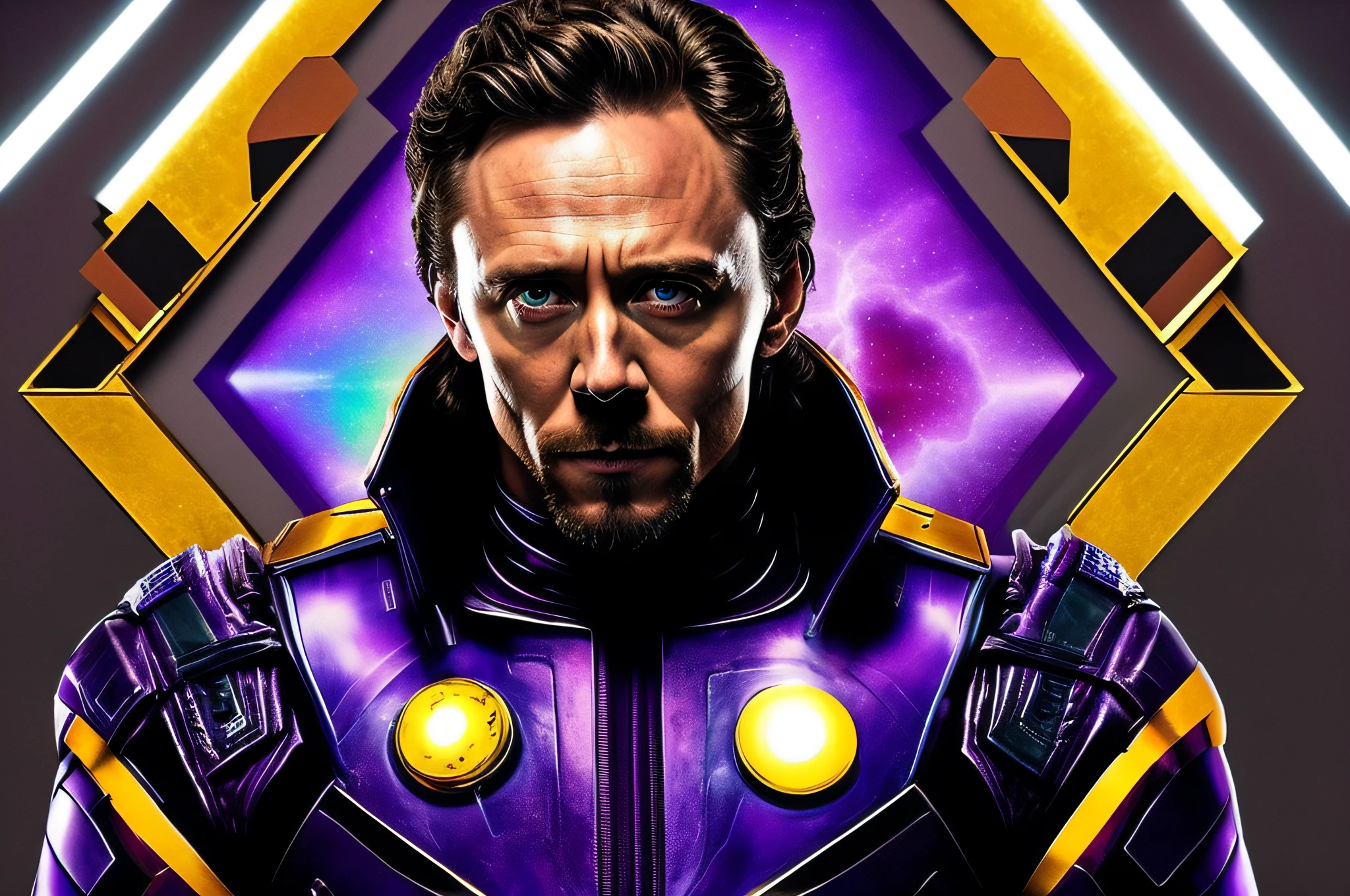 "Imagine an image in ultra high definition (UHD) in which actor Tom Hiddleston is smartly dressed as Kang, o Conquistador, the famous villain of the Marvel universe. He's on his feet, exhibiting an authoritarian and self-centered stance, with purple and gold armor gleaming with futuristic technological details. O elmo de Kang cobre seu rosto, leaving only his eyes visible, and his expression is determined and defiant. The image captures the grandeur and ambition of the character, highlighting the unique fusion between actor Tom Hiddleston and Kang's role