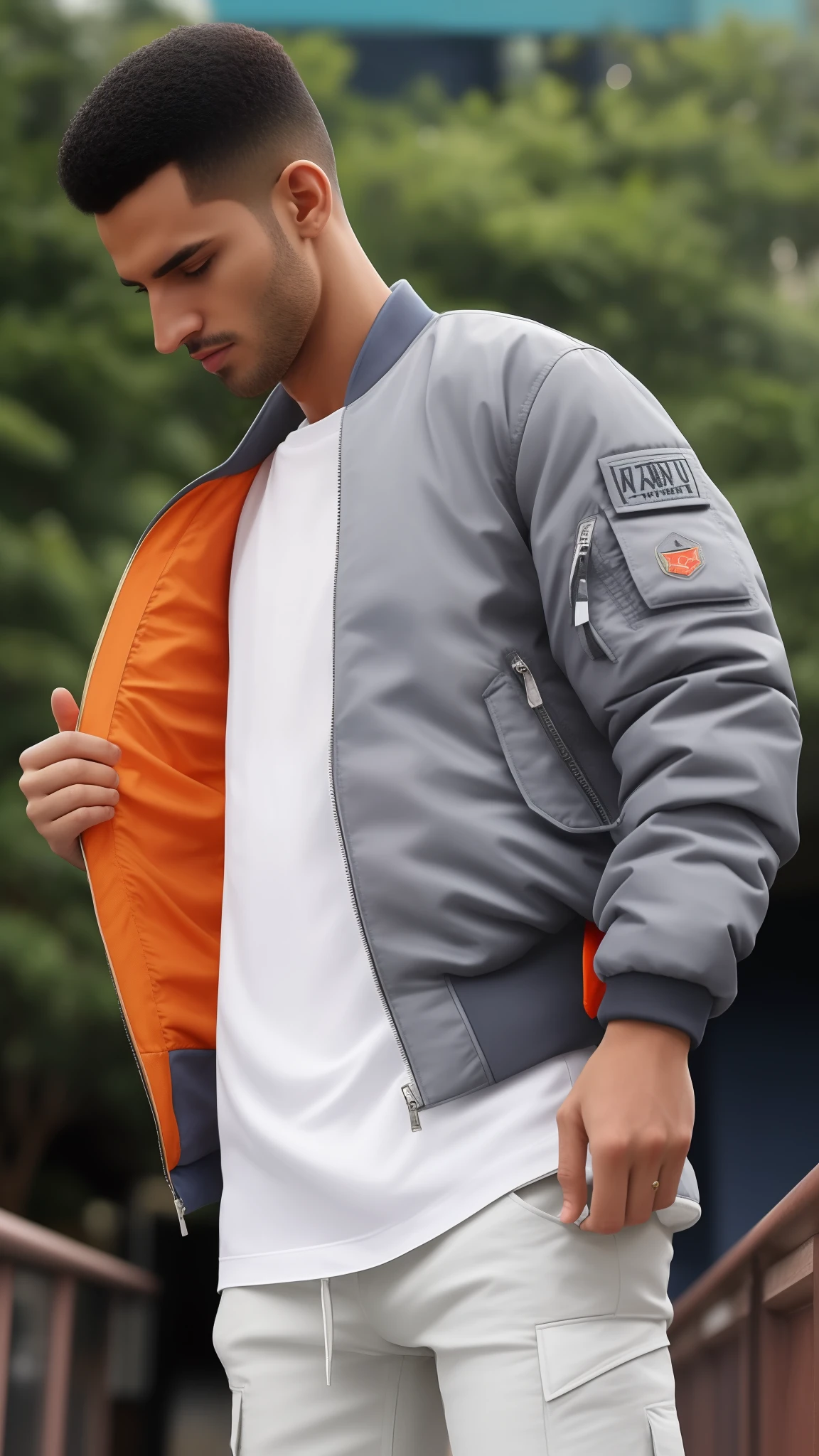 Man in jacket and white shirt walking on sidewalk, vestindo uma jaqueta bomber, jaqueta bomber, cinza laranja, grey jacket, Cores cinza e laranja, vestindo uma jaqueta voadora, jaqueta laranja, wearing jacket, laranja cinza branco, em estilo de ultra realista, suit jacket, Cores cinza escuro e laranja, jaqueta curta, Roupas de piloto militar, vestindo uma jaqueta de aviador
