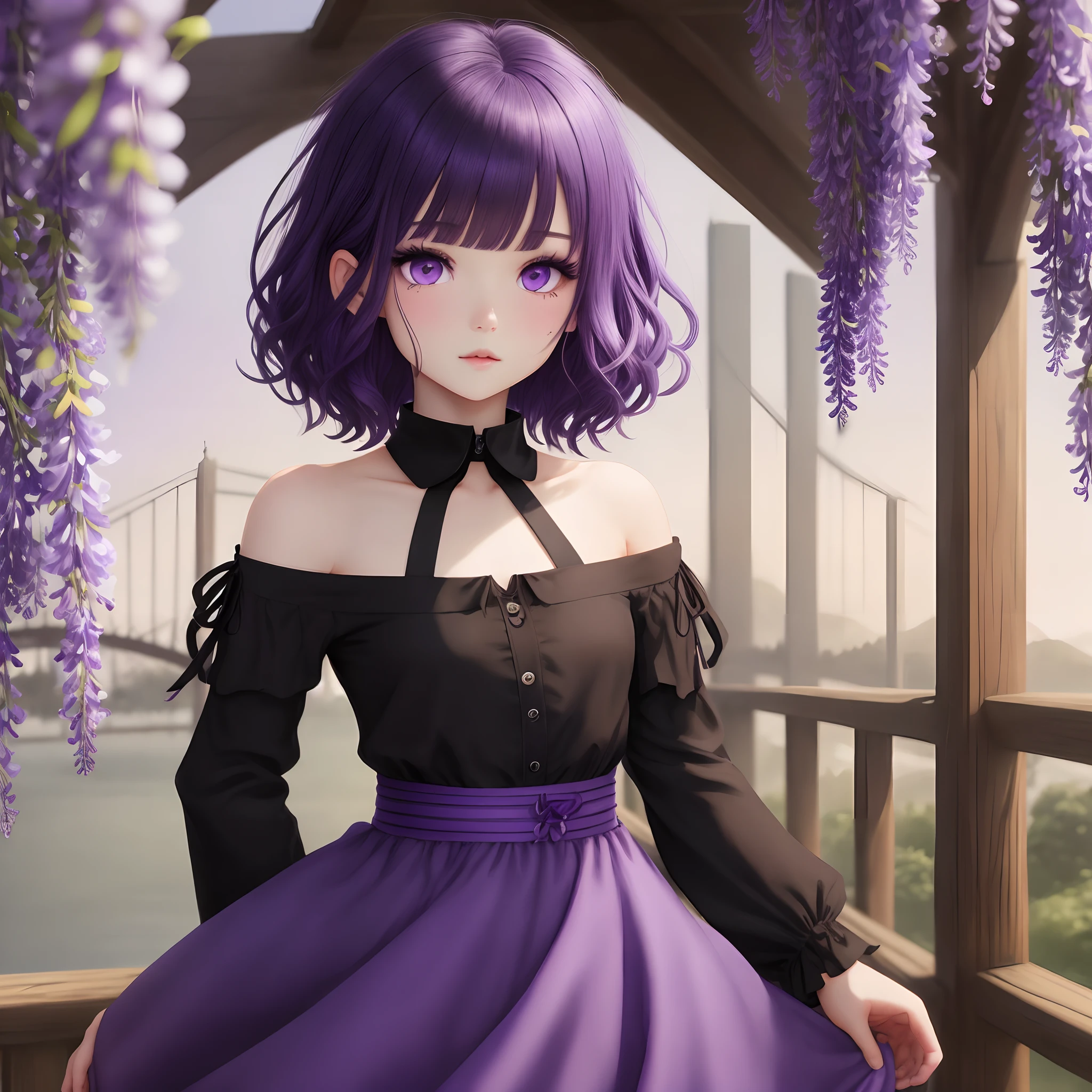 Short hair, wolfcut hairstyle, purple eyes, black and purple hair, a small mole above eye, beautiful lashes, nature, bridge,wisteria flower, purple dress, beautiful dress, black shirt with an oversized sleeve and a collar, a ribbon on collar, a showed shoulder, cute front bangs, wavy hair, sharp eyes, cold, chill, calm.