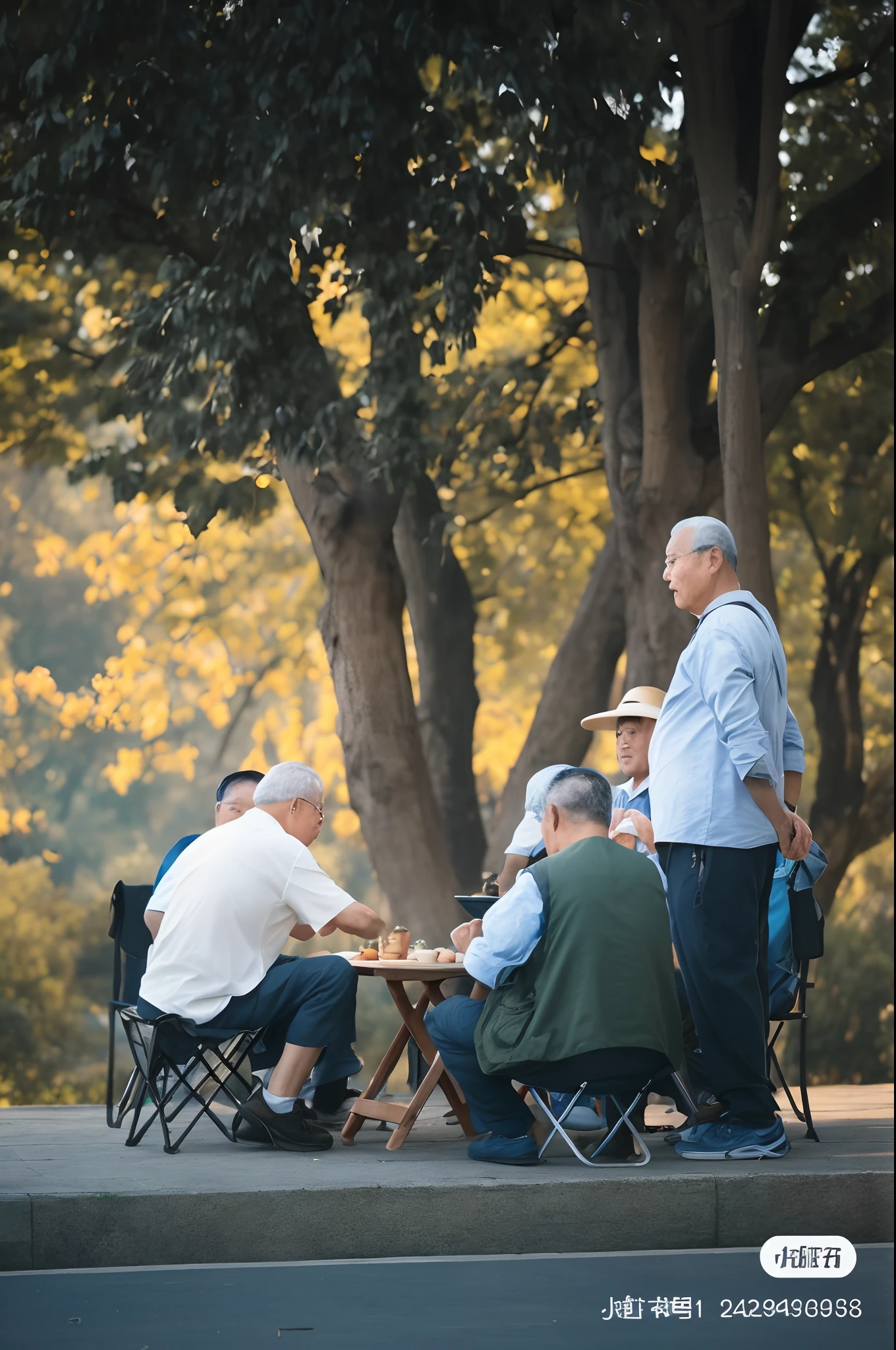 Several men sit at a table in the park,Trees in the background, people on a picnic, people sitting at tables, people outside eating meals, afternoon hangout, group sit at table, beautiful fine sky, group of people, golden hour in beijing, is playing happily, Time travelers appear in the park, People at the table, On a sunny day