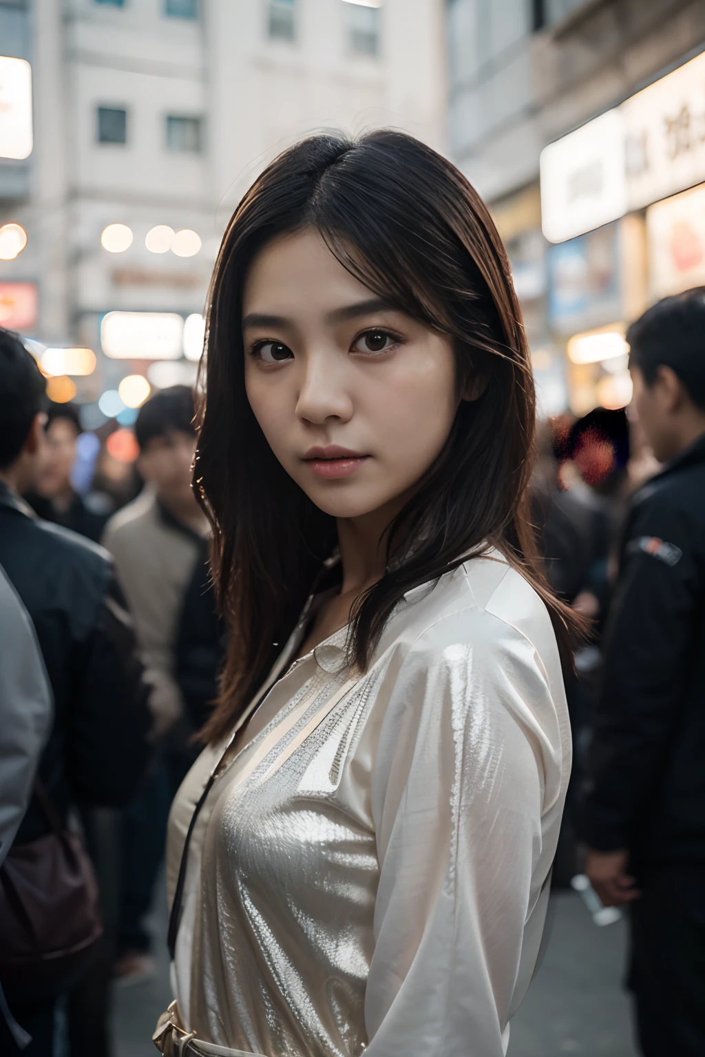 masterpiece, best quality, portrait of 1girl, A pretty korean girl in a crowded korean market, detailed clothes, long flowing hair, shiny skin, subsurface scattering, (sharp:0. 7), ultra-detailed, real-life texture, dramatic lighting, dynamic composition, unreal engine, Nikon D850,