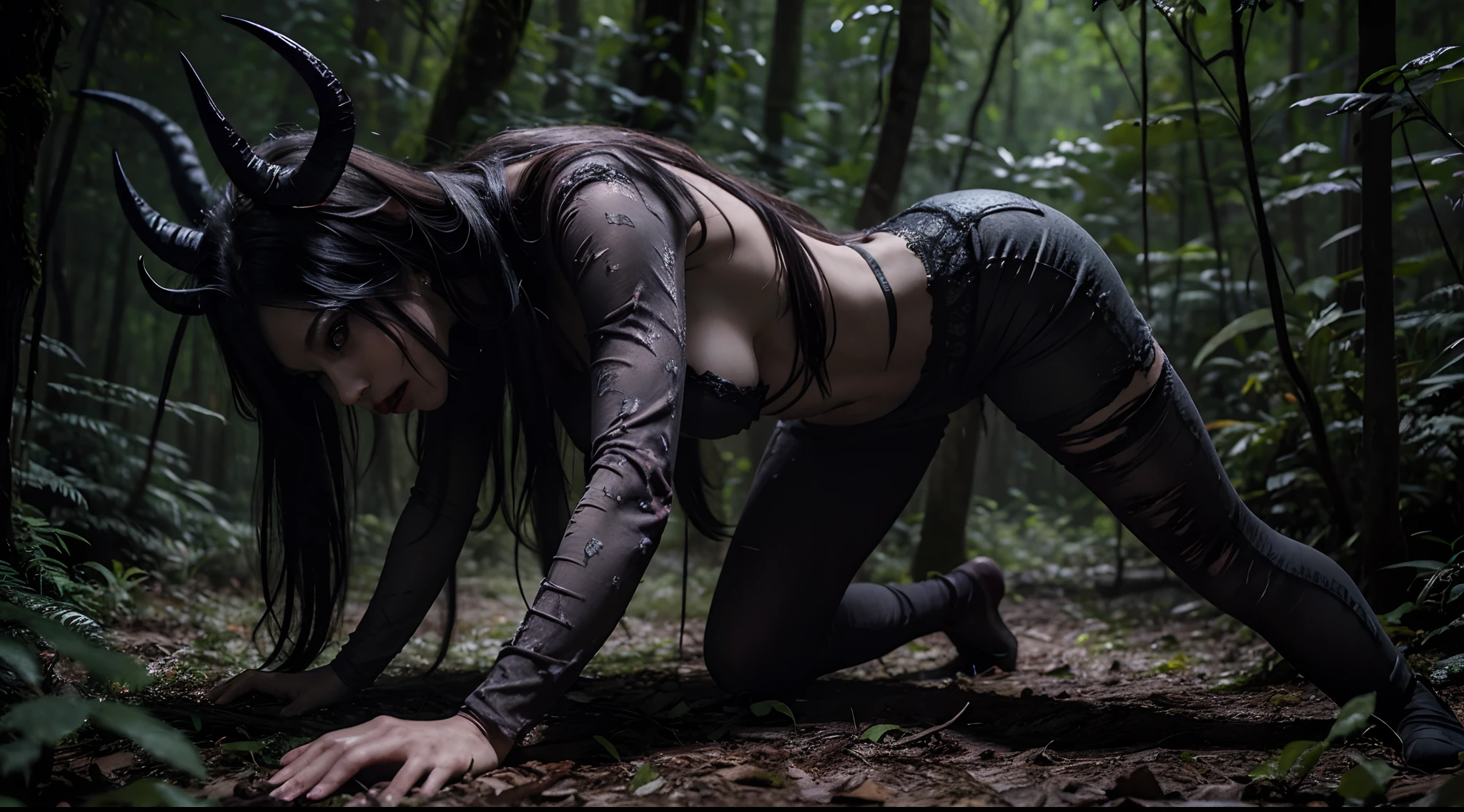 demon woman with horns dressed in revealing outfit crawling down in forest at night, dark forest, crawling to the camera, horror movie, cinematic dark, ultra detailed, photorealistic, masterpiece.