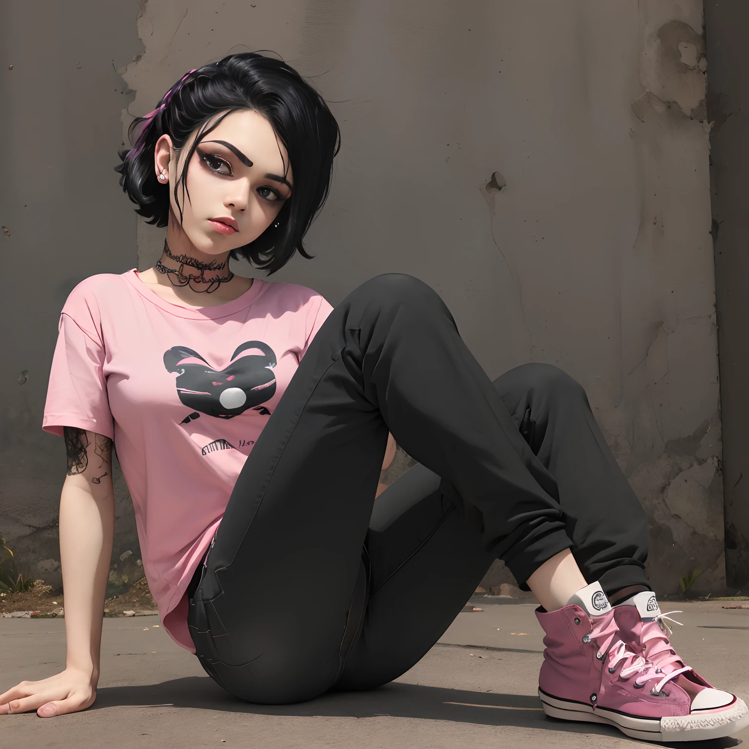 (((desenho animado emo)))) Courtney mulher fada loira, Penteado emo rosa feminino, camisa rosa emo, pele negra,Asas de fadas pretas e cor-de-rosa, meias pretas e rosas, Pink Emo Pants, rosa Converse.