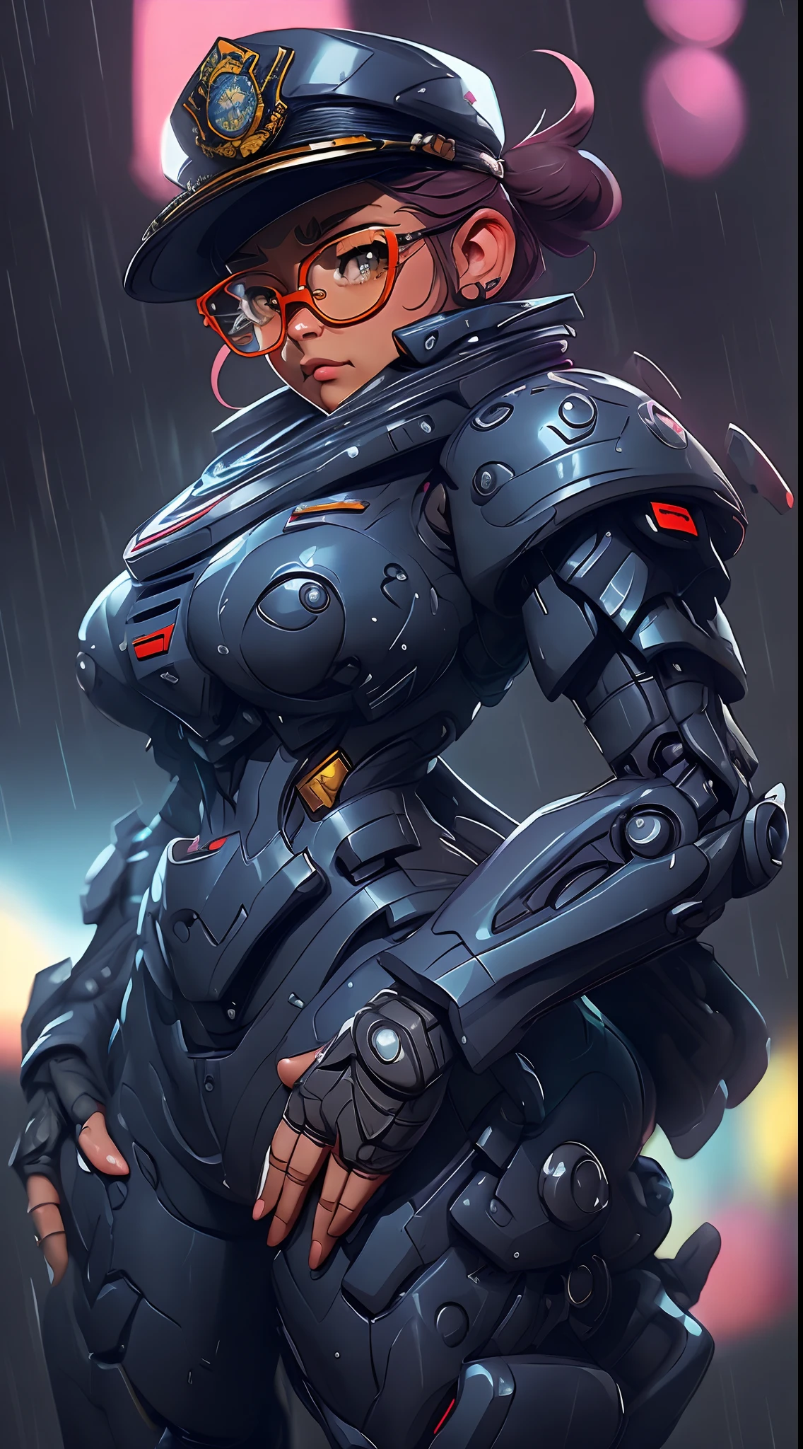 A fantz monster design, Cute police robot in space [style-rustmagic]，Female police robot ，Half-human, tmasterpiece，（tmasterpiece，top-quality，best qualityer），Description Will Smith（Will Smith）of the side，solitary Man, Suffering from depression alone, No one is in a sad environment，独奏，exteriors，very heavy rain，（Show on the.S. Police 1.6），wear police cap，Police badge，black-frame glasses，police cars，（motorcycle，（Police Motorcycle 1 for in.S. Police.4）），