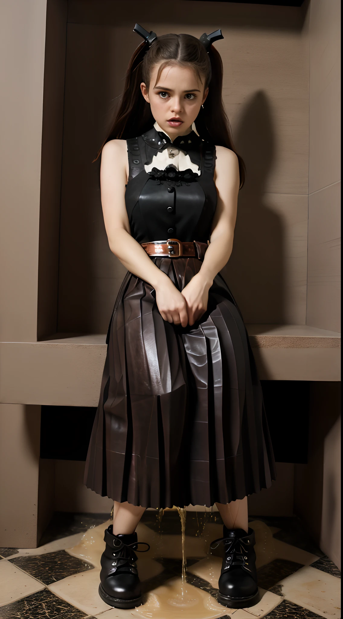 16k resolution, beautiful supermodel, highres, RAW photo, absurdres, full body portrait, Masterpiece, best quality, (very detailed CG Unity 16k wallpaper), (best quality), (best illustration), (best shadow), (beautiful woman Forced to pee herself during exam: 1.5), denied bathroom request, (grabbing sides of ballgown skirt curtsy: 1.7), defeated accepting the inevitable peeing herself (pees herself during exam: 1.5) (puddle forming under ballgown:1.4), (thick leather gothic long floor length pleated ballgown skirt:1.8) (leather gothic pleated ballgown: 1.8) (large breasts: 1.6) (corset halter: 1.5) (knee high combat boots:1.4), long braided pigtails, sadness, red lips, embarrassed, blushing, ashamed, silently crying, (legs crossed trying to close her pee hole: 1.5),