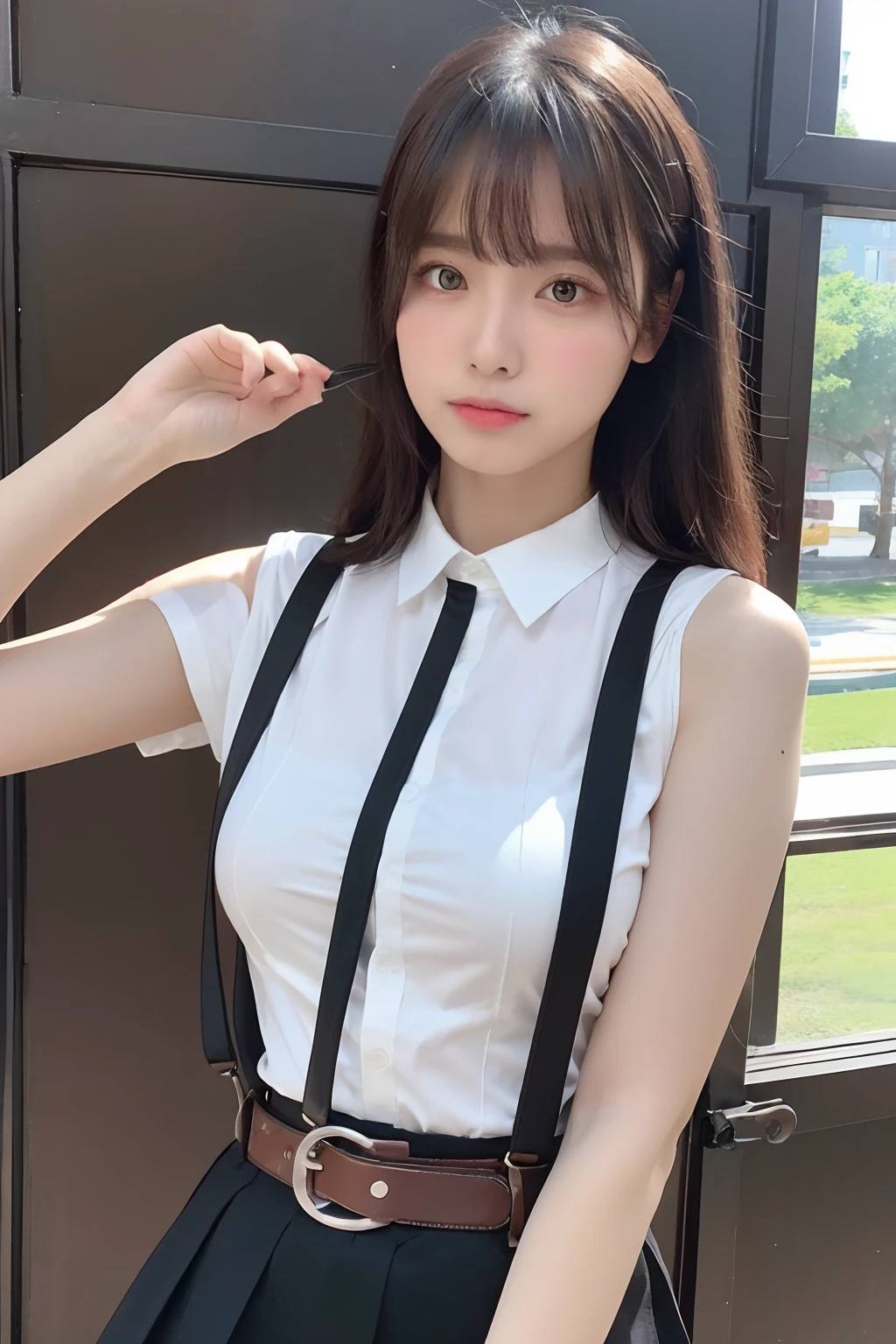 ​masterpiece、flat-colors、depth of fields、lens flare 1 girl、、Brown hair、watching at viewers　　　black suspenders　　　bulging big breasts　　　 　 Armpit sweat　perspiring　Side of both hands　　walls: 　Black miniskirt　garterbelts　　　　　　Gaze　　　Small face　Bangs Upper Eyes　flank　　Rat-colored eyes　　holster　　Belt Cutter Shirt