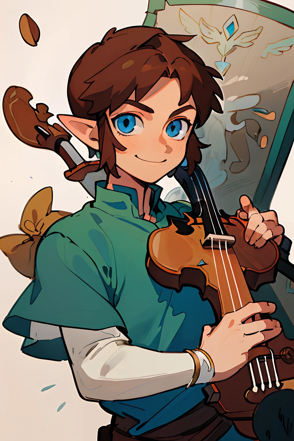 (best quality, masterpiece), 1boy, legend of zelda, link, smile, upper body, blue eyes, walnut brown hair, blue tunic with silver trimmings, carries a bow as a sword, a violin as a shield,