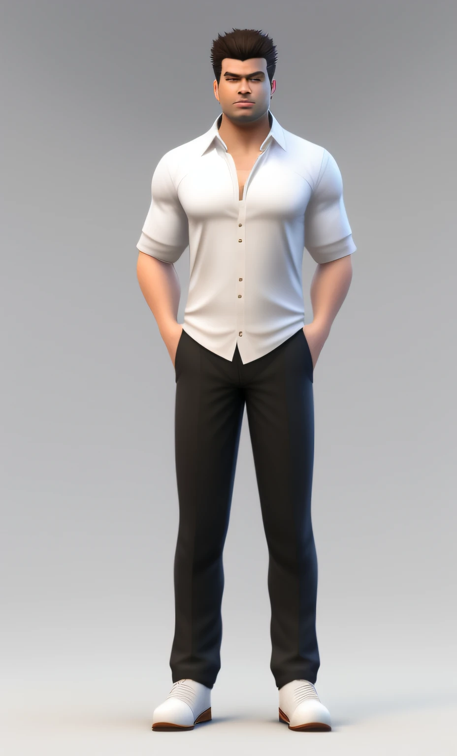 a close up of a man in a white shirt and white pants, chubby face, highly detailed character, male character, young man with short, maxwell render, handsome stunning realistic, 3 d demo reel avatar, modeled in poser, depicted as a 3 d render, 3d character realistic, 3 d character render, smooth 3d cg render, full body single character, character full body portrait