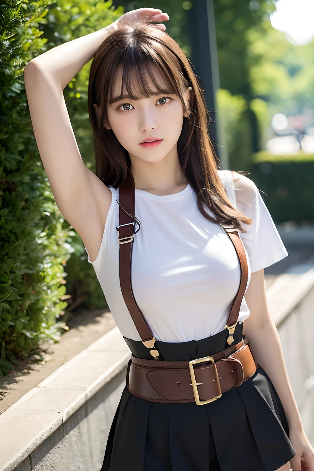 masterpiece、flat-colors、depth of fields、lens flare 1 girl、、Brown hair、watching at viewers black suspenders bulging big breasts Armpit sweat perspiring Side of both hands walls: Black miniskirt garterbelts Gaze Small face Bangs Upper Eyes flank Rat-colored eyes holster Belt Cutter Shirt