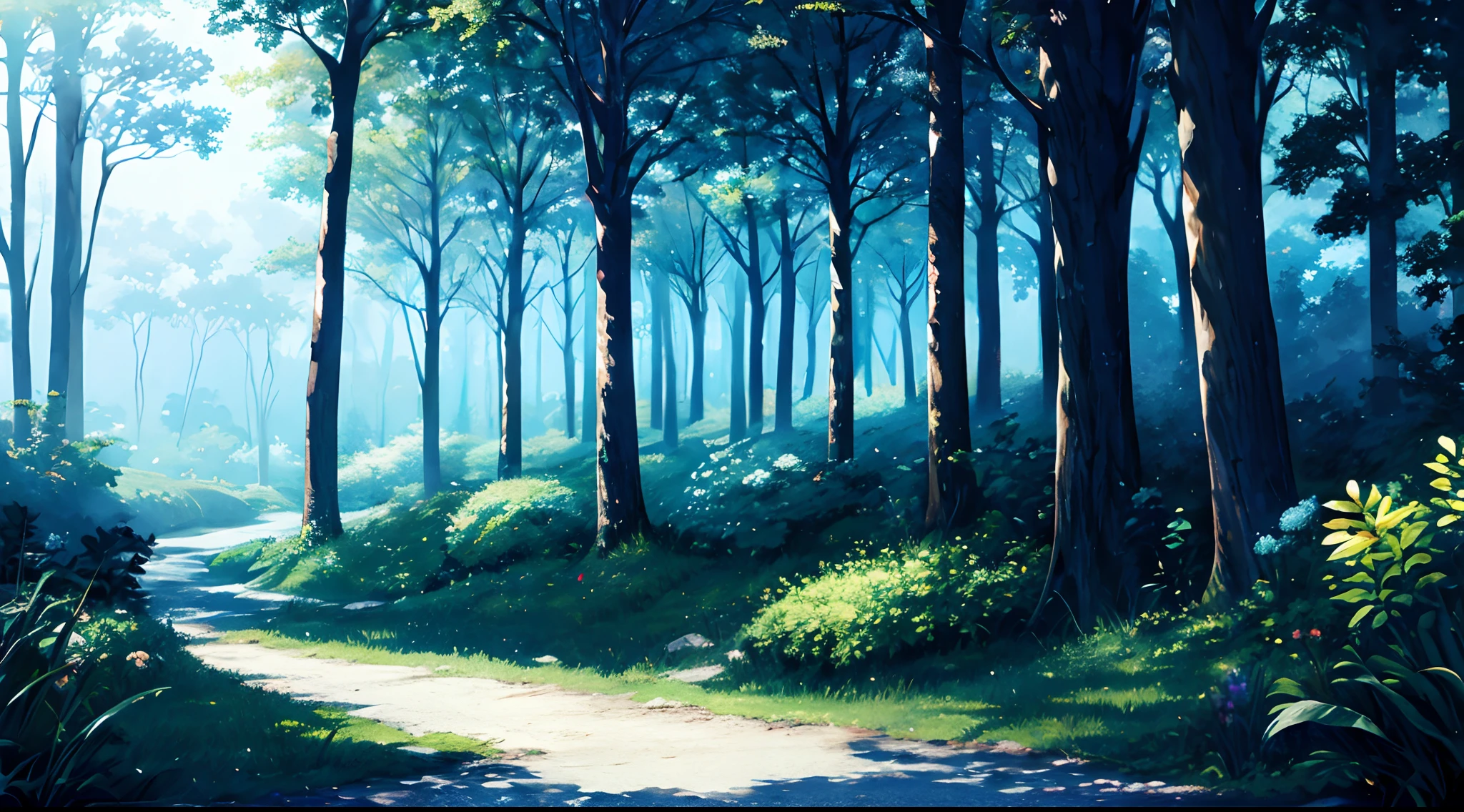 Background (anime style) magical forest, main color: light blue