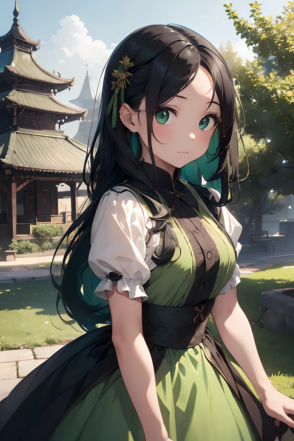 Two greenish-black buns with long hair、 fantasy, cinematic angle, Vibrant colors、Full body with forehead baring black hair、The front with the forehead visible、Green eyes、Illuminated cityscape、Beautiful Pavilion、Classic attire、 Old Inns、Girl in Traveling Clothes、bust-up shot, Delicate writing、 8K,