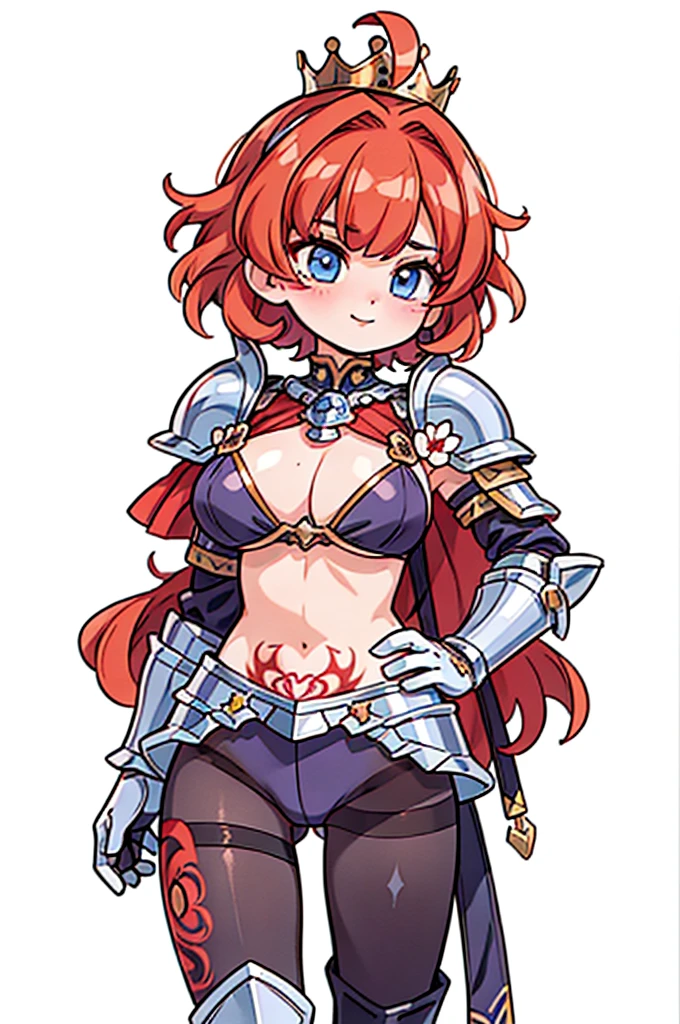"(masterpiece:1.1), best quality,
1girl, (80s anime style:1.4), (eyelashes:1.5),
(intricate high detailed body:1.2),
red hair,
(forehead:1.2), short blunt bangs, (short hair, wavy hair:1.1), (crown:1.2),
blue eyes,
(pale skin:1.3), (gigantic breasts:1.3),
happy, smile,
(high cut bikini armor, tattoo:1.2), (pantyhose:1.3),
(spiked knight armor, armored boots:1.2), (flower brooch:1.1), (ahoge:1.2), gloves,
standing, hand on hip,
(cowboy shot, shoot from front:1.5),
(simple white background:1.2)"