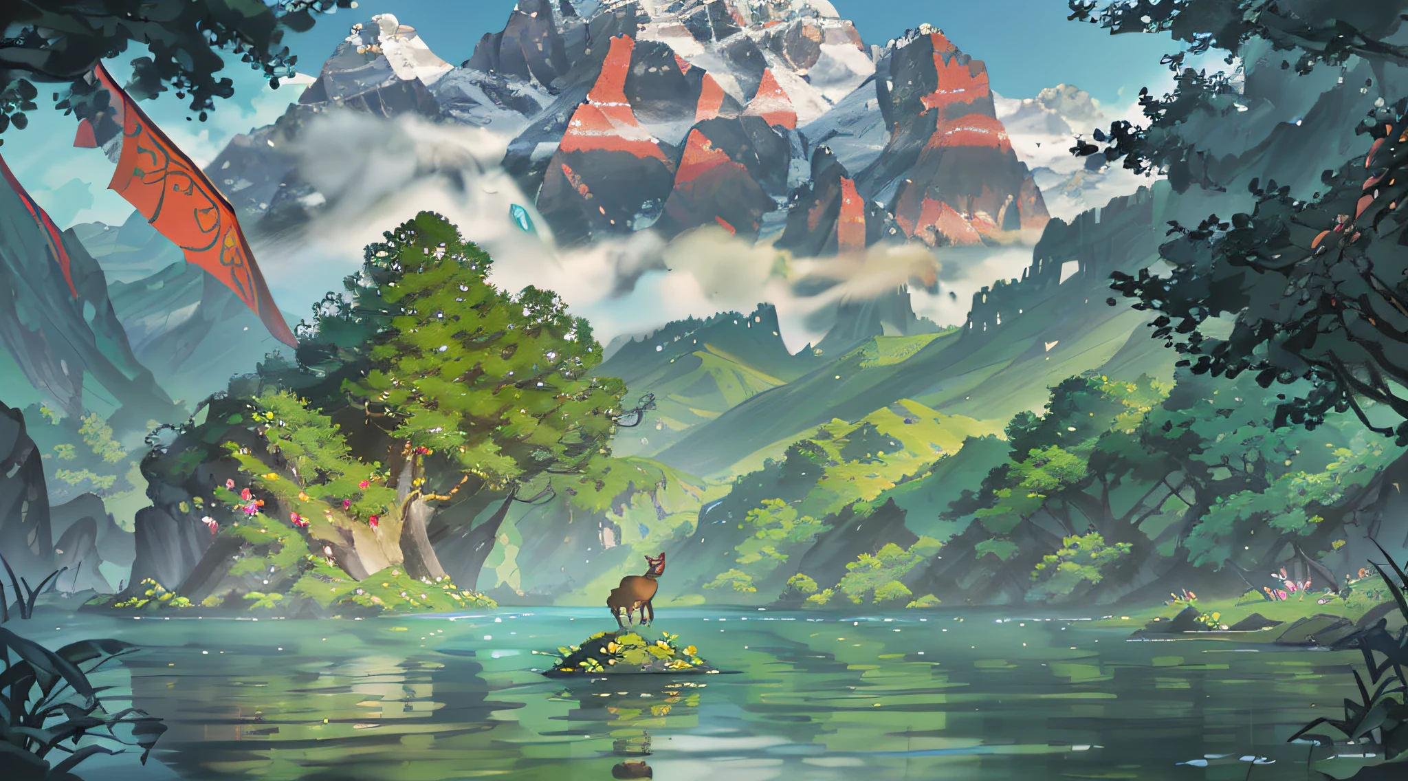 Chinese ancient times, spring, jungle, lake, cave, waterfall, tree, meadow, rock, deer, hot spring, water vapor, (illustration: 1.0), epic composition, realistic lighting, HD details, masterpiece, best quality, (very detailed CG unified 8k wallpaper)