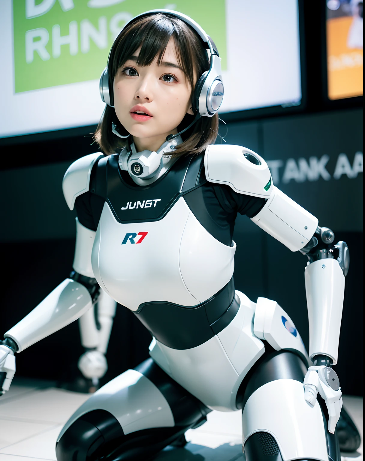 best quality, ultra high res, (photorealistic), RAW photo,(DOF:1.5), Japaese Cyborg Girl,fullbody image ,Plump , White boots,announcer,headset on head,control panels,android,Droid,Mechanical Hand, ,Bokeh,clothes with a sense of mechanical technology, Robot arms and legs, Black Robot Parts,Black hair,Mechanical body,rompers,Blunt bangs,White abdomen,White Robotics Parts,Perfect Robot Girl,ceramic body,Lying in a floor