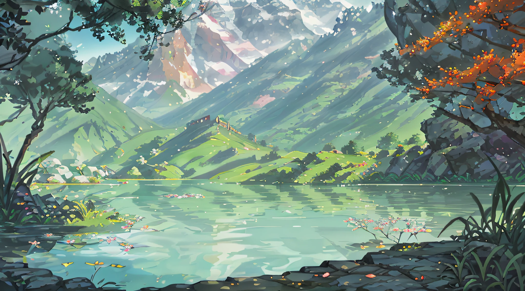 Chinese ancient times, spring, jungle, lake, cave, waterfall, tree, meadow, rock, deer, hot spring, water vapor, (illustration: 1.0), epic composition, realistic lighting, HD details, masterpiece, best quality, (very detailed CG unified 8k wallpaper)