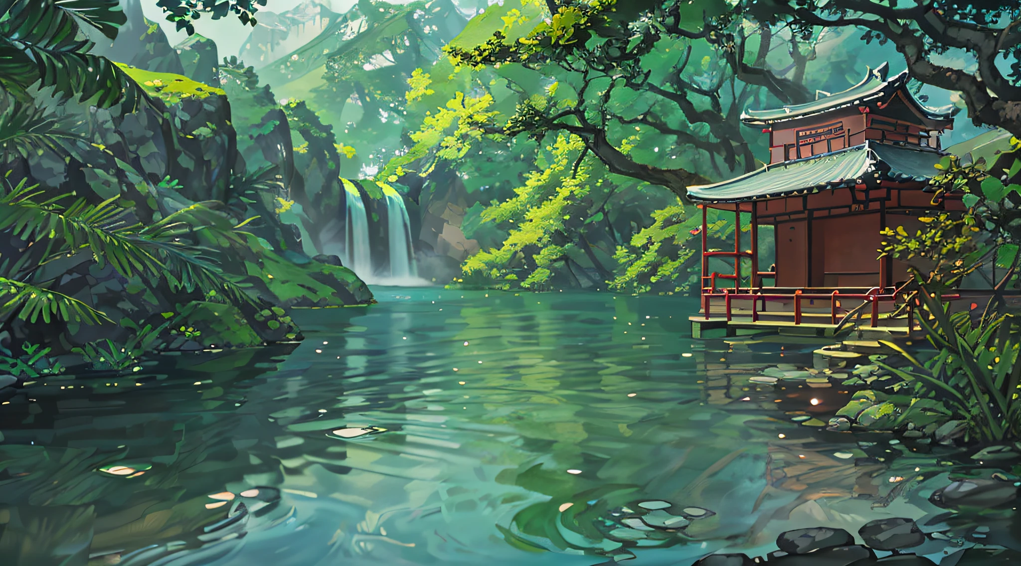 Chinese ancient times, spring, jungle, lake, cave, waterfall, tree, meadow, rock, deer, hot spring, water vapor, (illustration: 1.0), epic composition, realistic lighting, HD details, masterpiece, best quality, (very detailed CG unified 8k wallpaper)