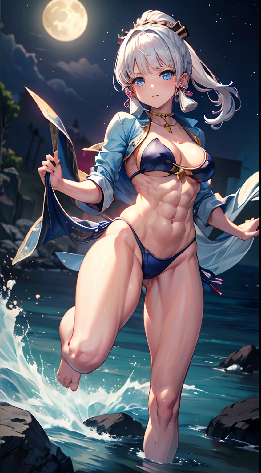 (((masterpiece))), 4k resolution, highly detailed, (((extremely detailed eyes))), detailed background, luminous lighting, crystal clear eyes, blue eyes, high quality, high resolution, ultra-detailed, 8k, best quality, (1girl), ground, shadow, backlight, light particles, thick filters, (((muscular thighs))), (masterpiece: 1.3), (best quality: 1.2), (super fine illustrations :1.2), (masterpiece), (masterpiece), high quality, high detail,(SOLO:1.4),((round image)), 1girl, (kamisato ayaka), smile, blush, closed mouth, thick , medium breasts, (((white hair))), on the beach at night with a starry sky and a full moon in the sky, from above, (full body photo), (muscular belly), (((in a very short bikini)) ), facing the camera, barefoot, (((showing her beautiful muscular legs)))