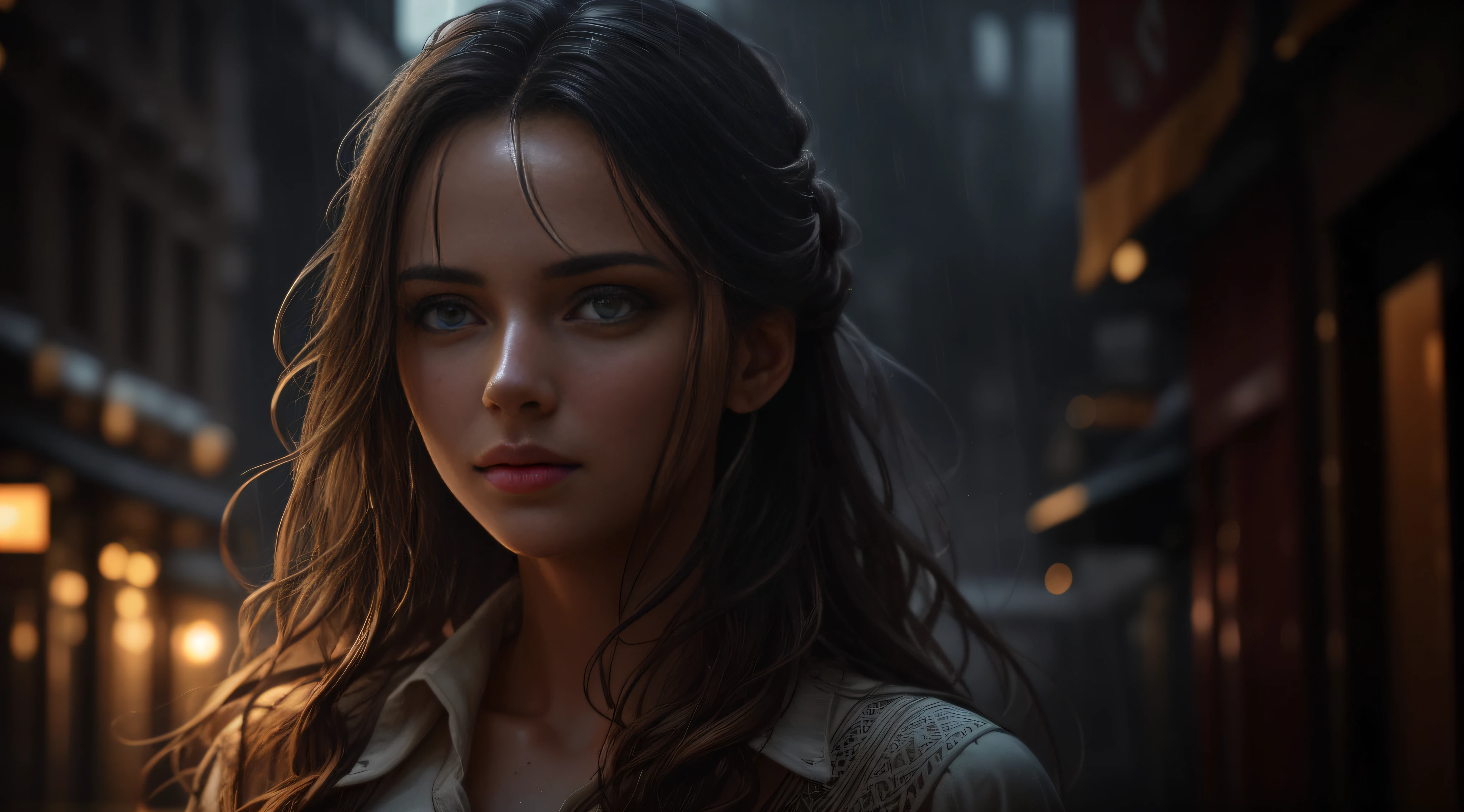 A mesmerizing portrait of a young woman in a translucent western tunic dress, drenched in rain, her captivating eyes peering through her tousled hair, eyes visible through hair, colored inner hair, proper eye position, natural skin, backlight, cinematic light, rim light, soft light , hips, in night time, city side background, detailed color graded background, intricate , highly detail, octane render, HD, 8k,