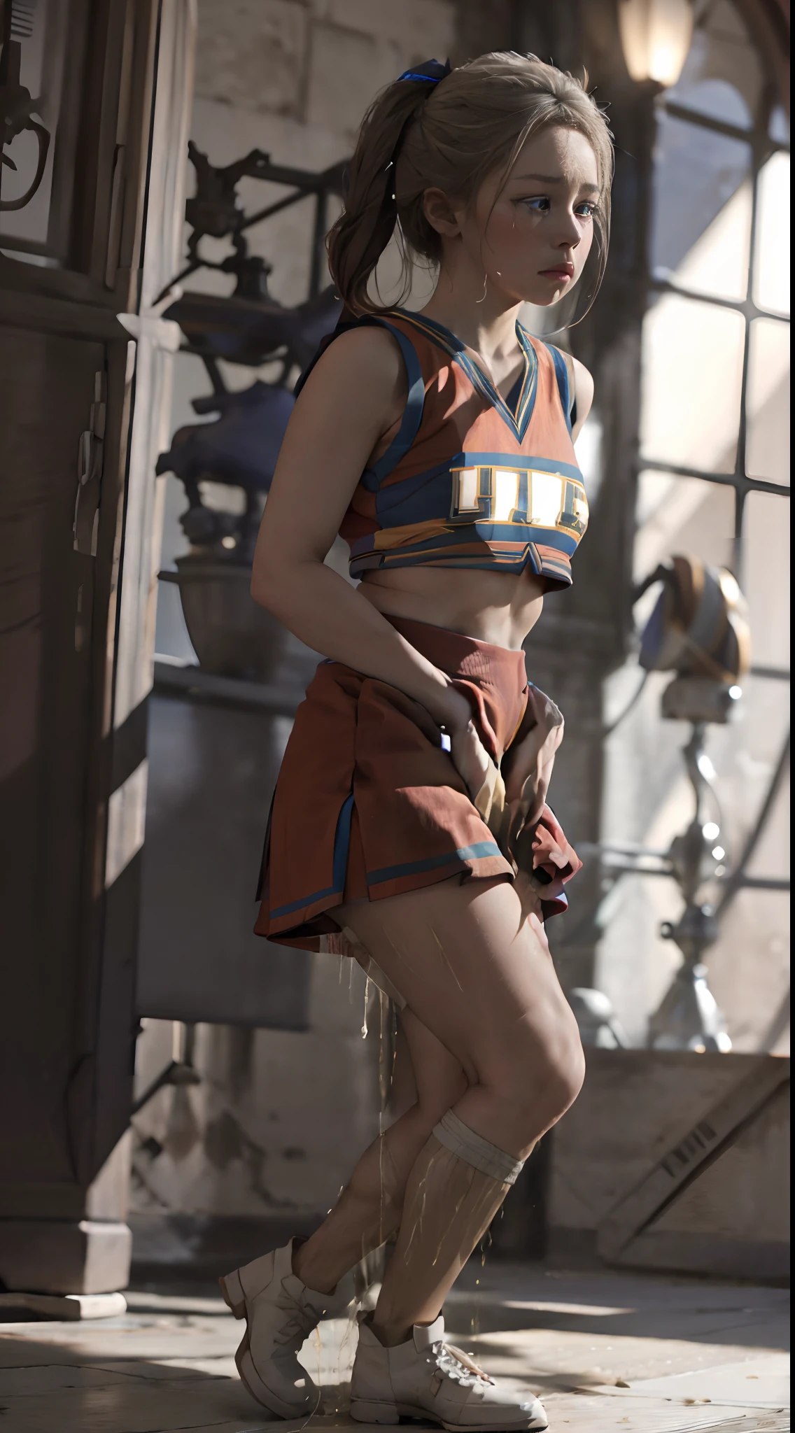 28 year old female cheerleader，White shirt，thick polyester pleated gray knee length midi skirt，knee high combat boots，long braided pigtails, (large breasts: 1.8)，(pee her pleated skirt:1.3)，need to pee posture，(in line of cheerleaders waiting for bathroom:1.5)、RAW photography, top-quality, A high resolution, (masterpiece), (Photorealsitic:1.4), 8K分辨率, intricately details, depth of fields, the Extremely Detailed CG Unity 8K Wallpapers, Frontlighting, full body shot, cheerleader needs to pee very urgently, waiting in line for bathroom, (legs crossed trying to close pee hole: 1.5) (cross-eyed as pee forces out into her skirt: 1.5), embarrassed, blushing, ashamed, crying out in disbelief, (defeated accepting the inevitable peeing herself waiting for bathroom: 1.8), girl forced to pee through her pleated cheerleading skirt,