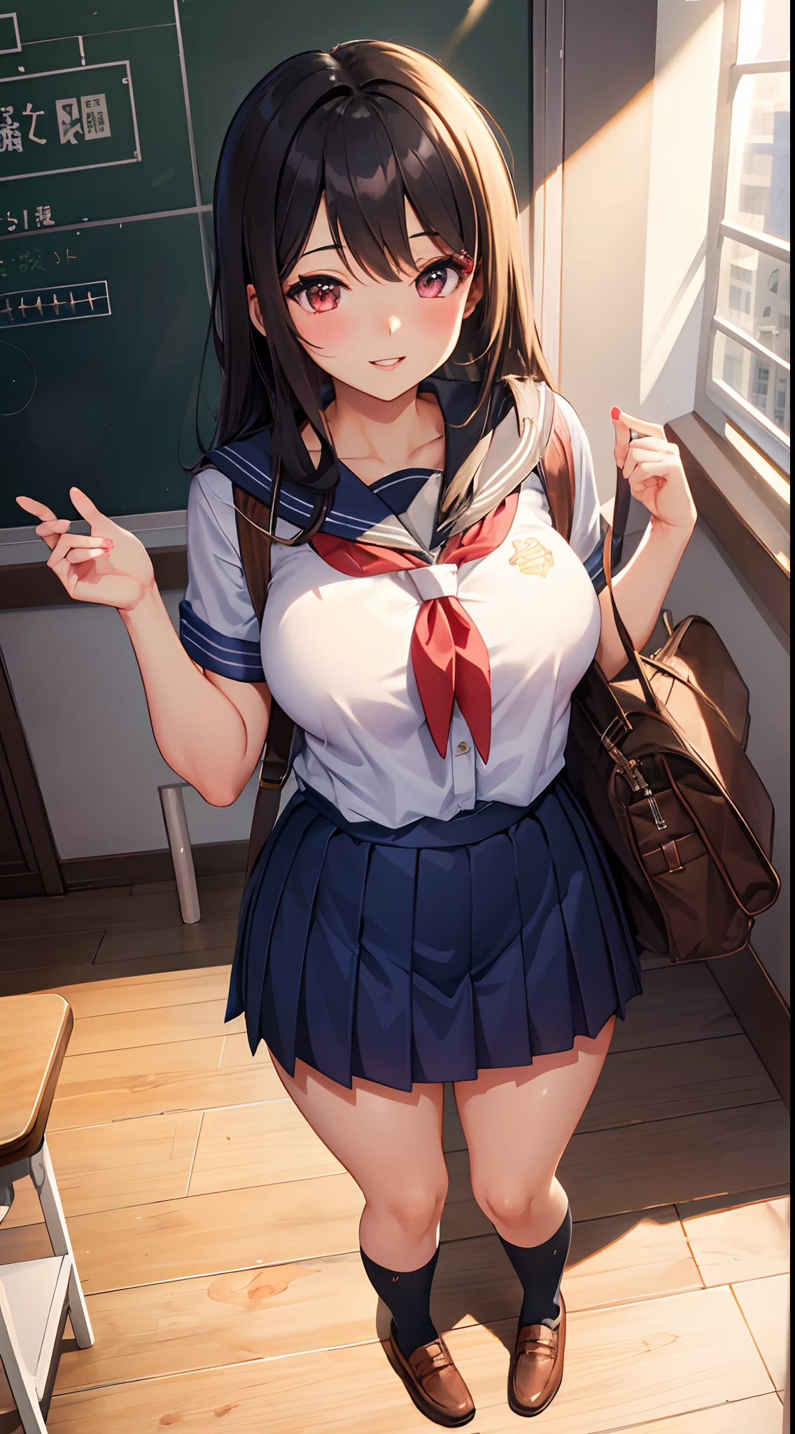 1girl in, Parted lips, blush, makeup, lightsmile, School uniform, Full body, Wide Angle, From  above, crass room, 1 school bag, llight rays, Glow, thighs thighs thighs thighs, 鎖骨, Narrow waist, (masutepiece), Wallpaper,