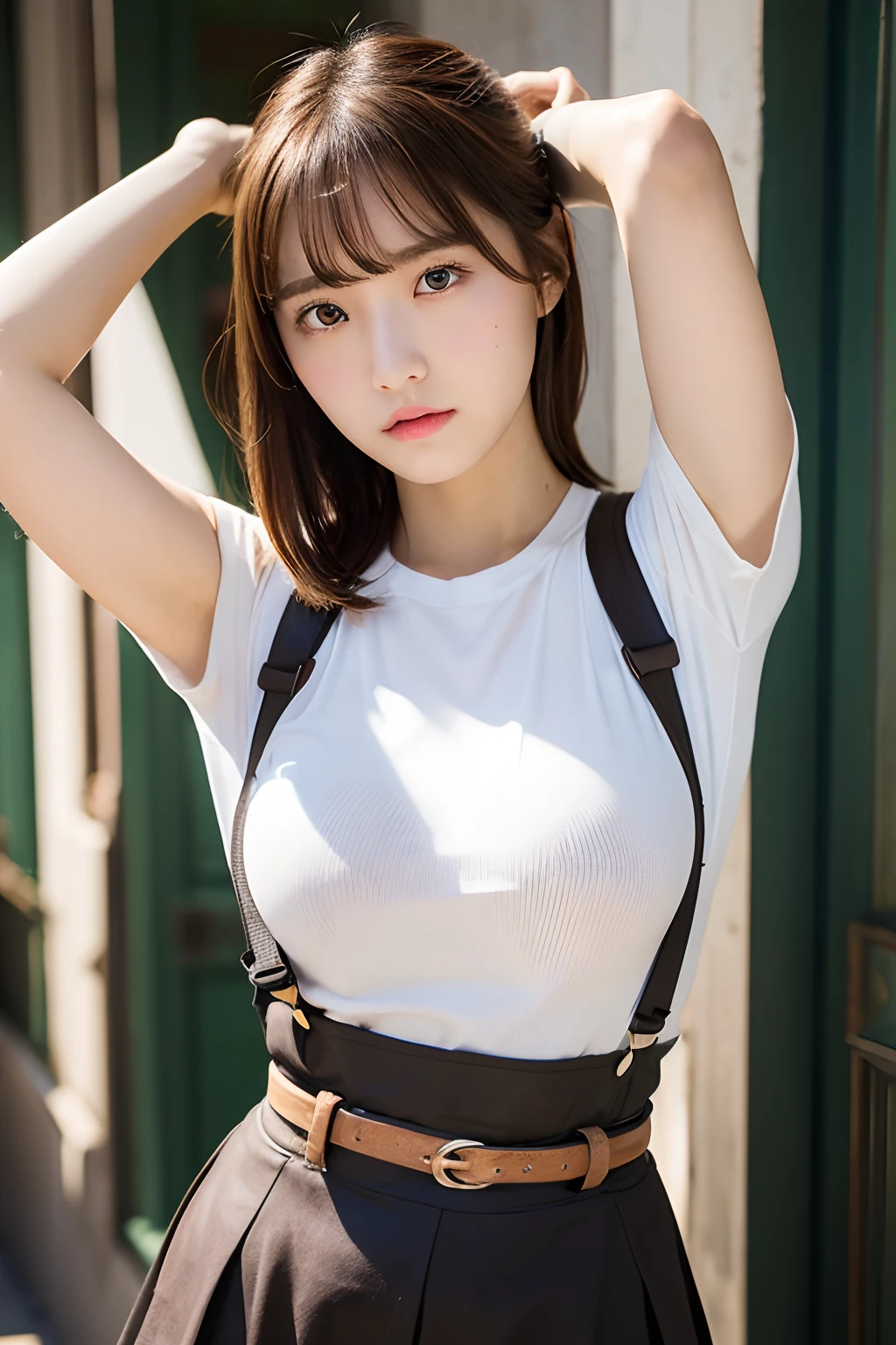 masterpiece、flat-colors、depth of fields、lens flare 1 girl、、Brown hair、watching at viewers black suspenders bulging big breasts Armpit sweat perspiring Side of both hands walls: Black miniskirt garterbelts Gaze Small face Bangs Upper Eyes flank Rat-colored eyes holster Belt Cutter Shirt